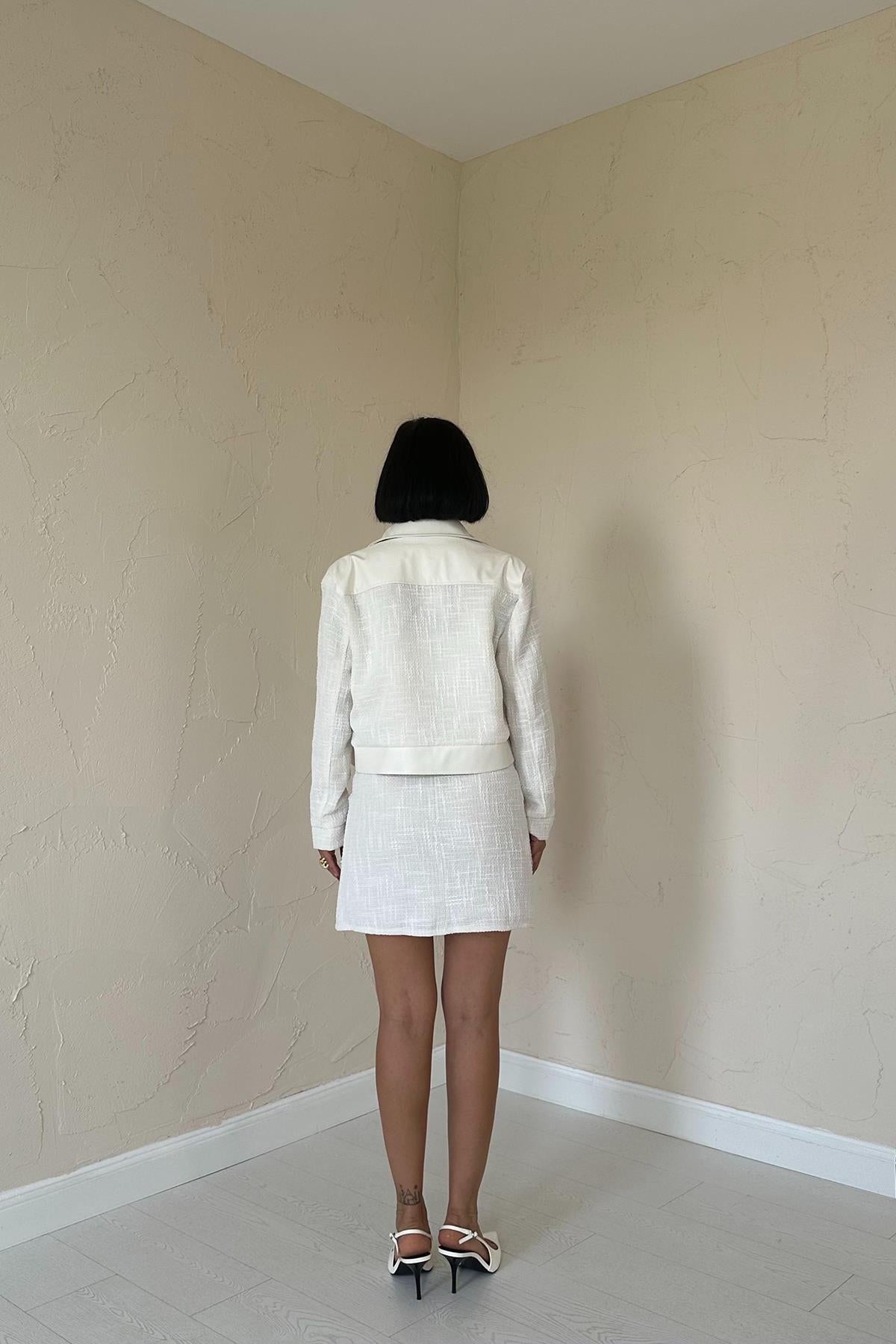 Toptan Ekru Üçlü Deri Garnili Ceket Ve Pantolon Takım