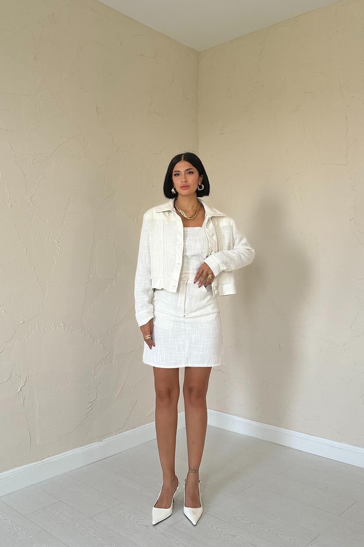 Toptan Ekru Üçlü Deri Garnili Ceket Ve Pantolon Takım Ekru L