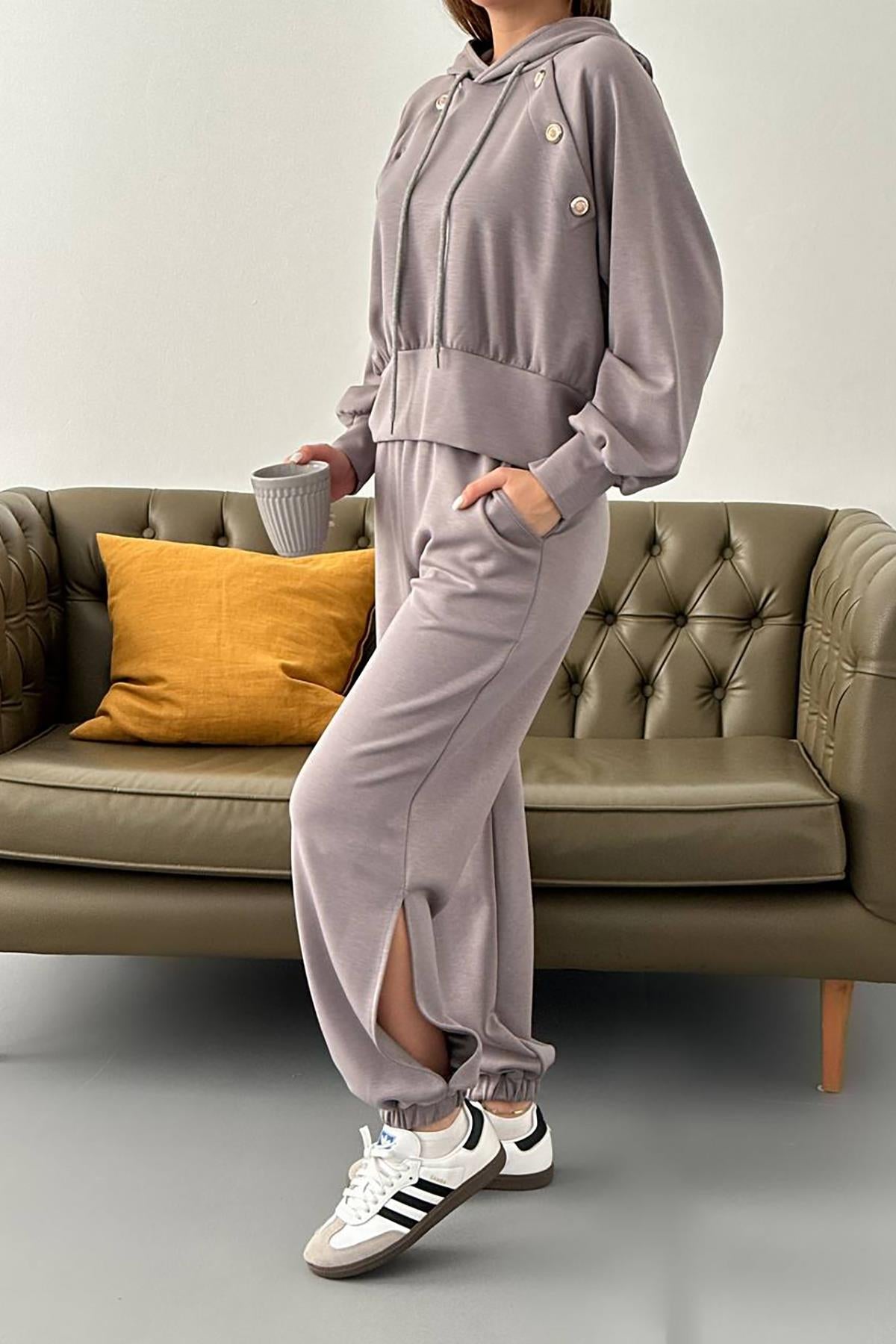 Toptan Füme Kapüşonlu Sweatshirt Ve Kargo Pantolon Takım