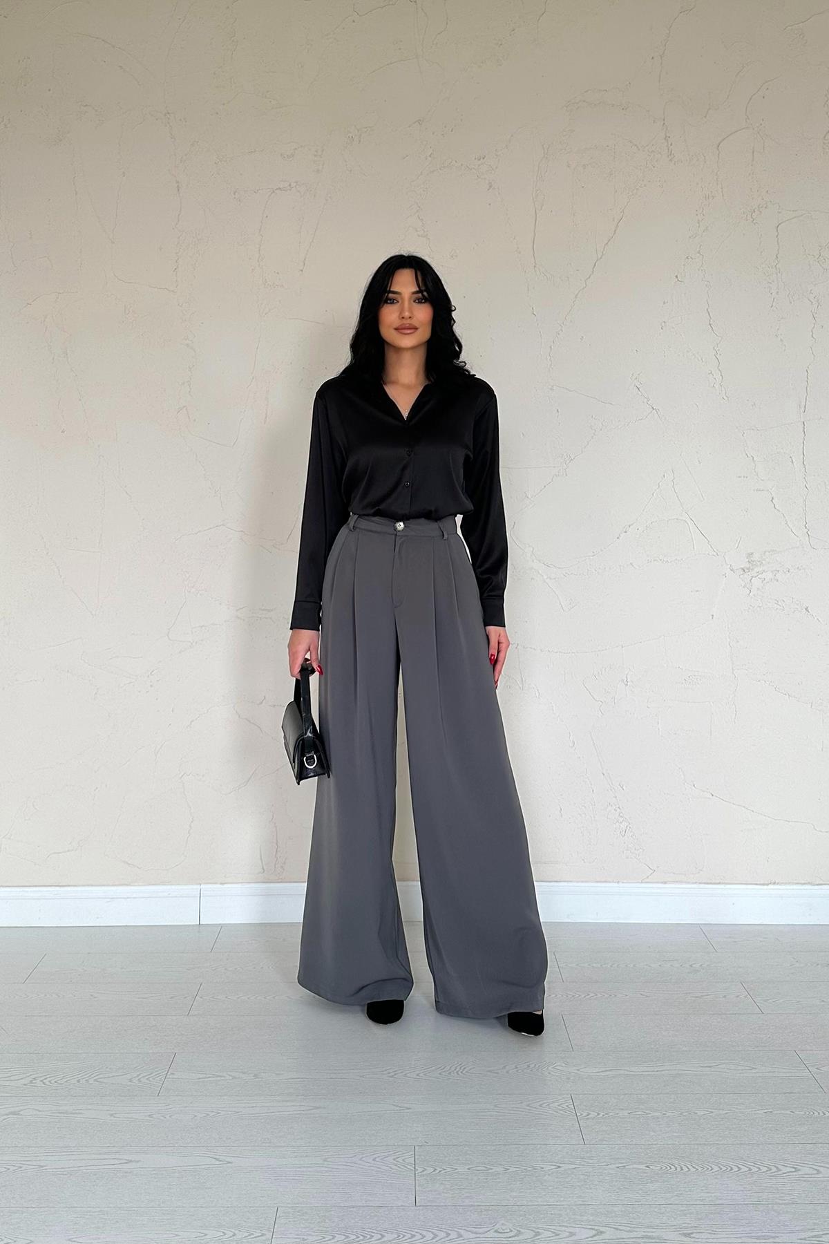 Toptan Füme Pileli Comfort Pantolon Füme L