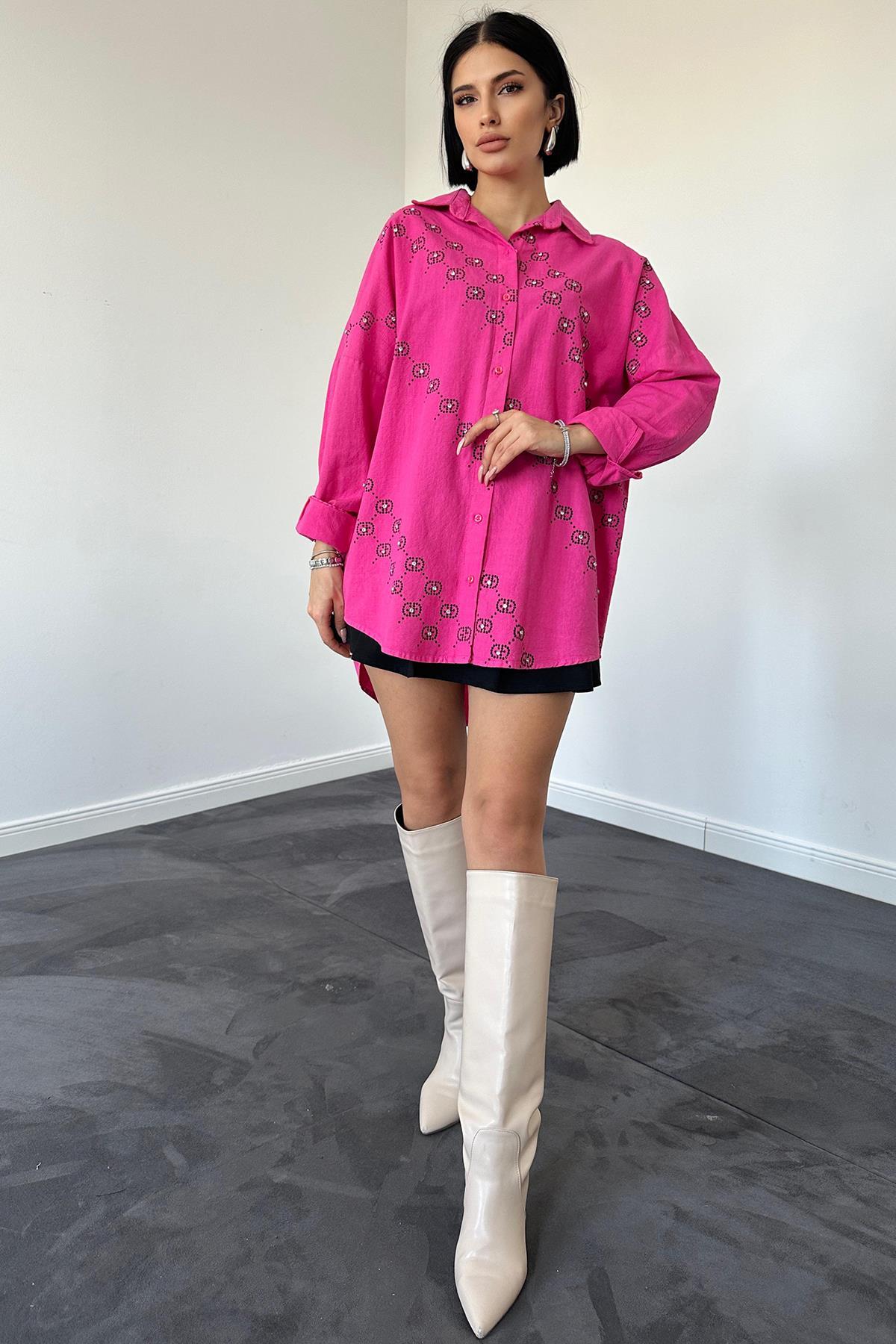 Toptan Fuşya Boyamalı Keten Baskılı Taşlı Gömlek Fuşya STD