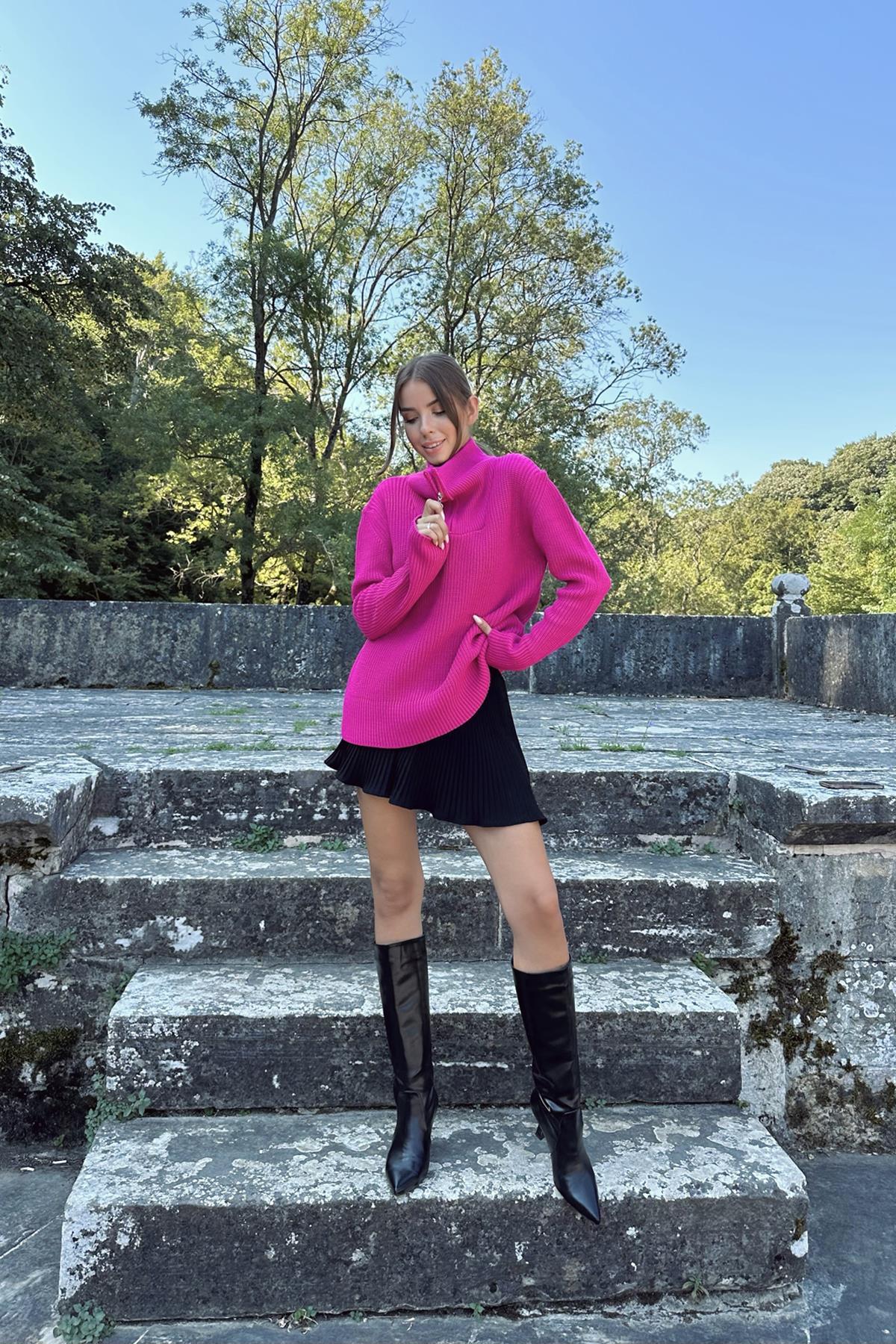 Toptan Fuşya Fermuarlı Ve Boğazlı Triko Kazak