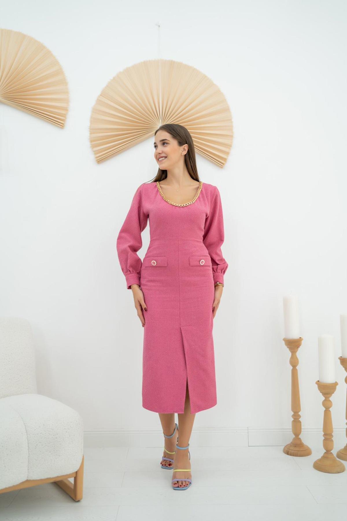 Toptan Fuşya Geniş Boğazlı Elbise Fuşya L