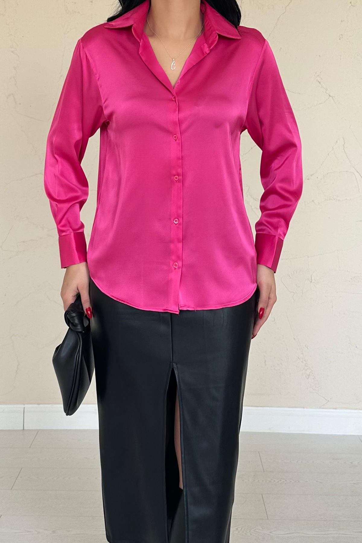 Toptan Fuşya Saten Gömlek