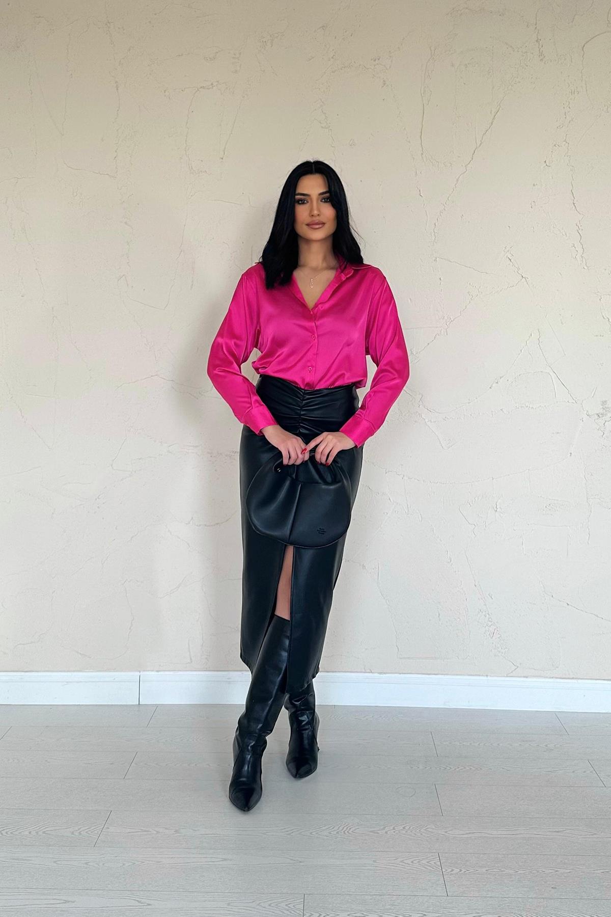 Toptan Fuşya Saten Gömlek Fuşya L