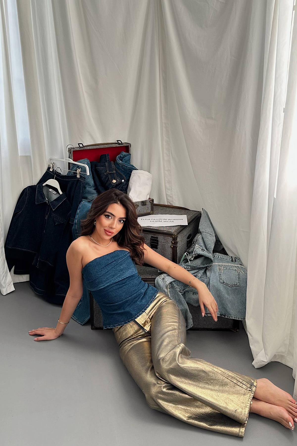 Toptan Gold Altın Varaklı Jeans Pantolon