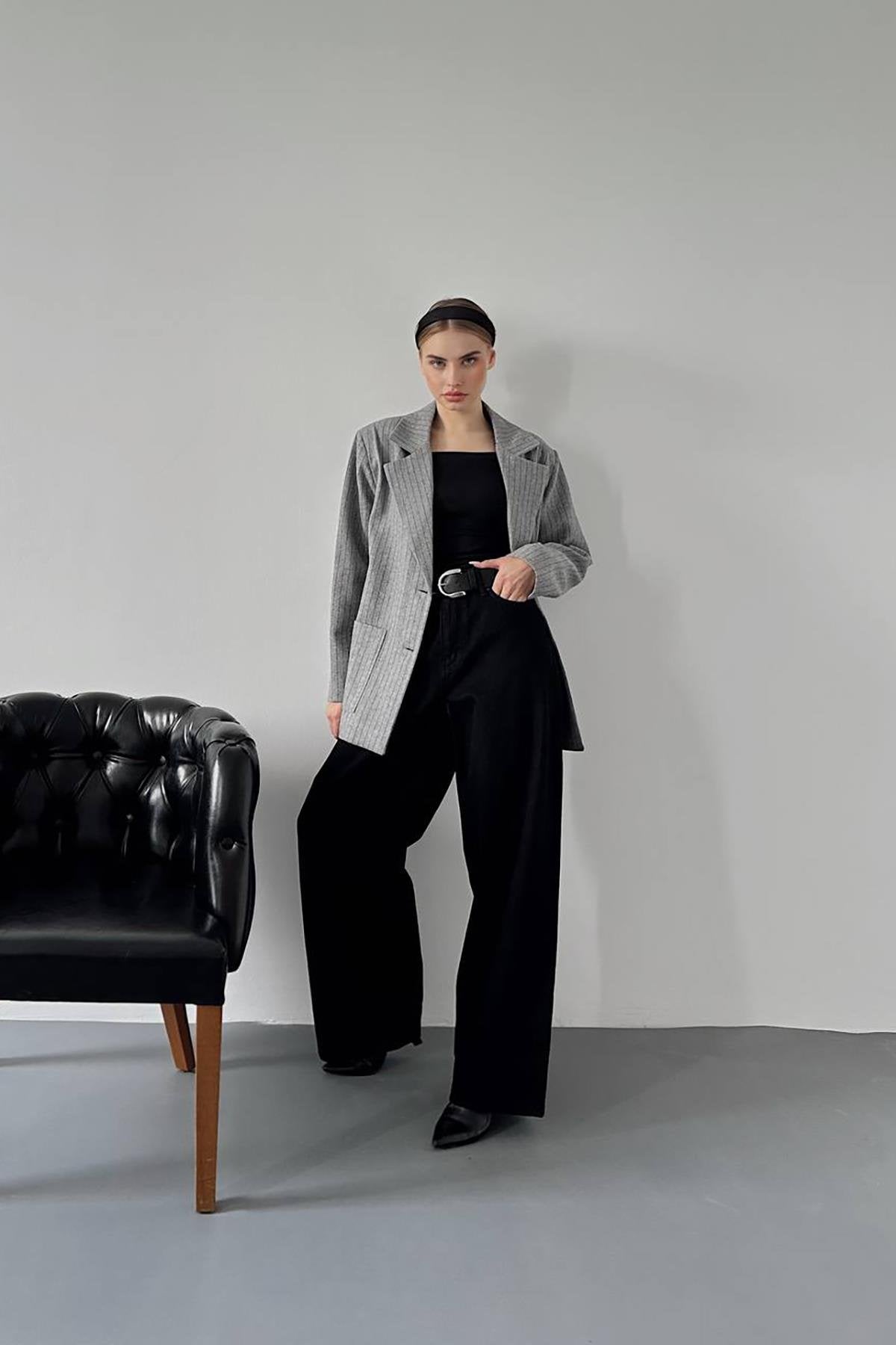 Toptan Gri Çizgili Oversize Ceket