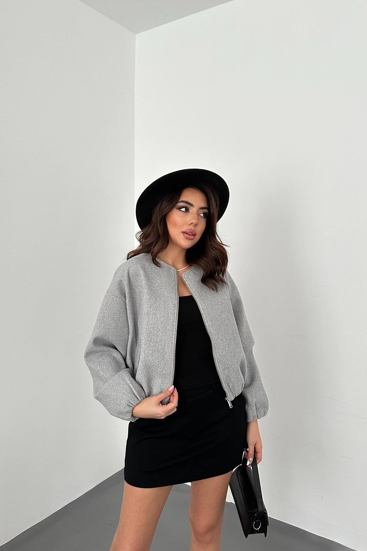 Toptan Gri Kısa Önü Fermuarlı Bomber Ceket Gri L