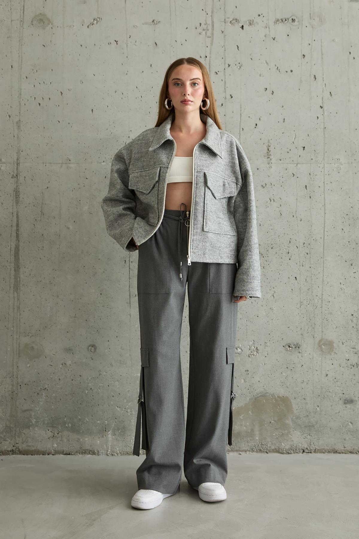 Toptan Gri Önden Fermuarlı Pantolon
