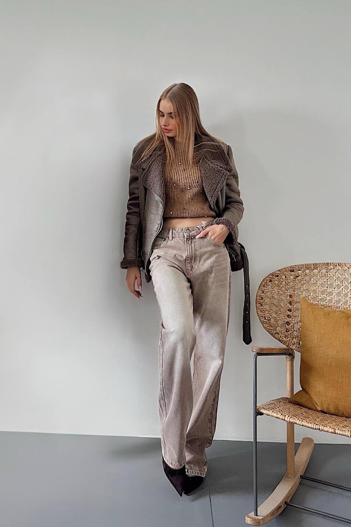 Toptan Haki Apoletli Kürklü Ceket Haki L