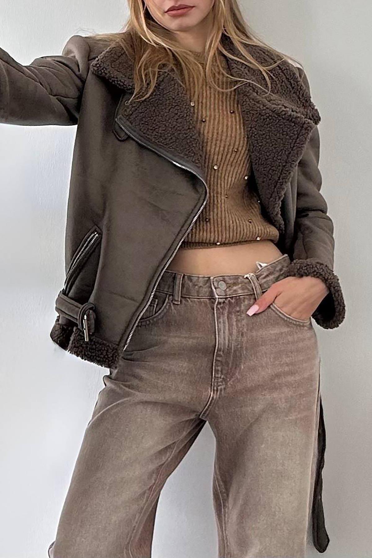 Toptan Haki Apoletli Kürklü Ceket