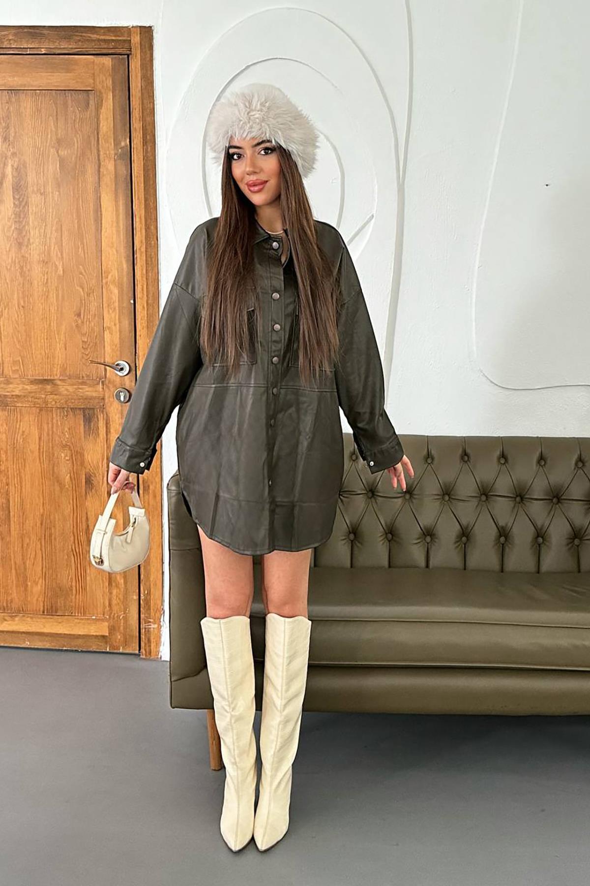 Toptan Haki Çıtçıt Kapama Cepli Deri Ceket