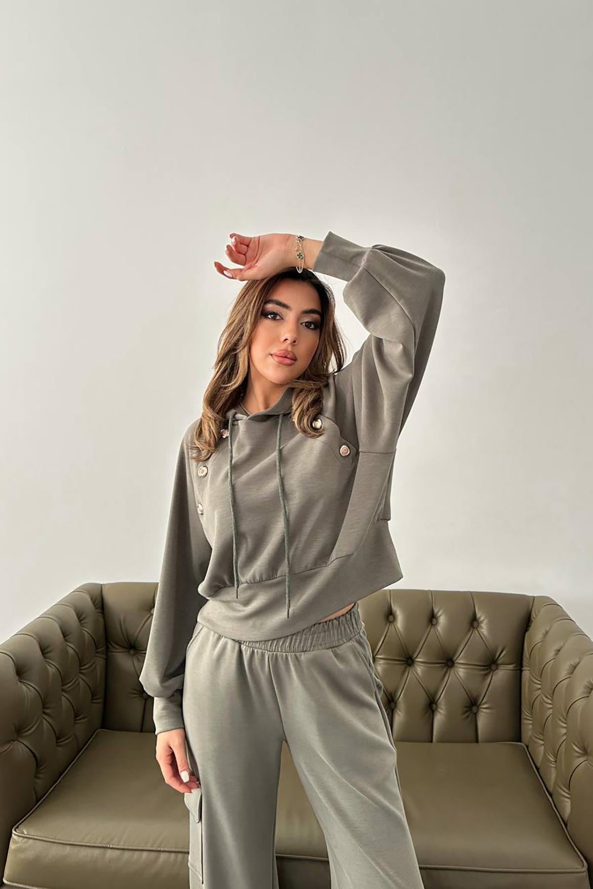 Toptan Haki Kapüşonlu Sweatshirt Ve Kargo Pantolon Takım