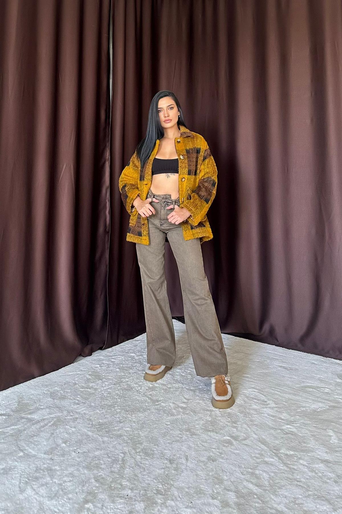 Toptan Hardal Siyah Düğmeli Ekoseli Kadın Kaban