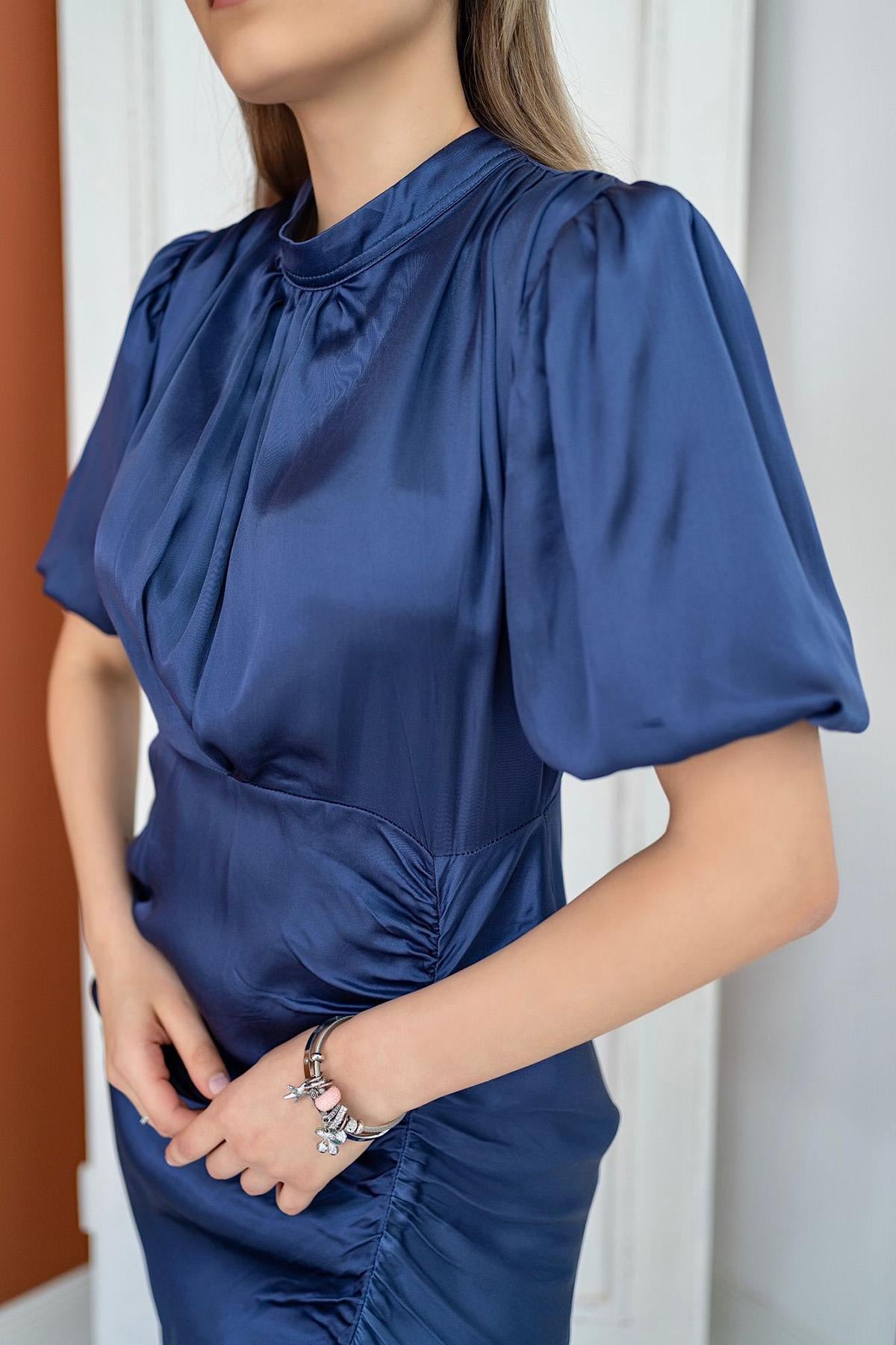 Toptan İndigo Büzgülü Saten Elbise