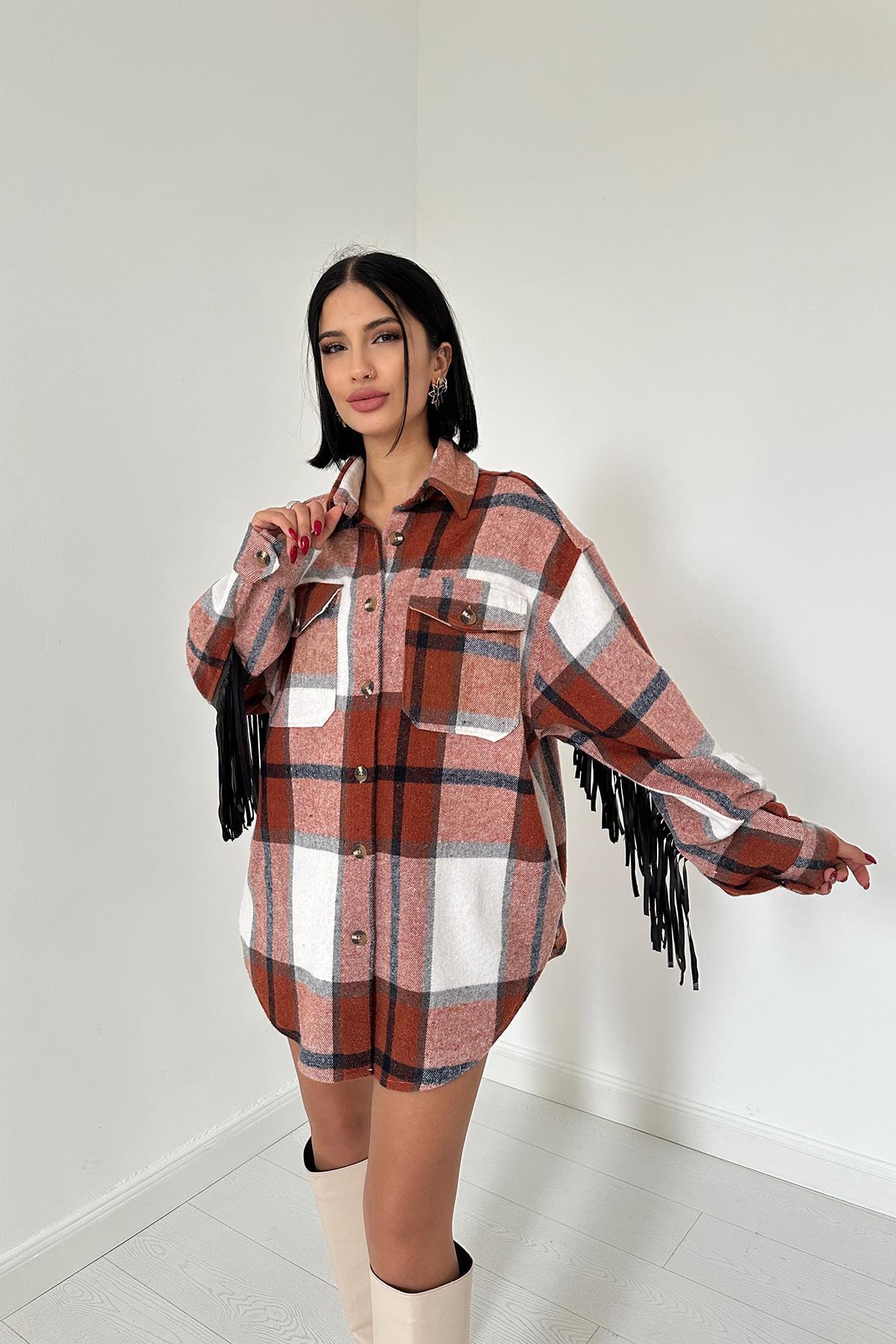 Toptan Kahverengi Arkası Püsküllü Gömlek Kahve L