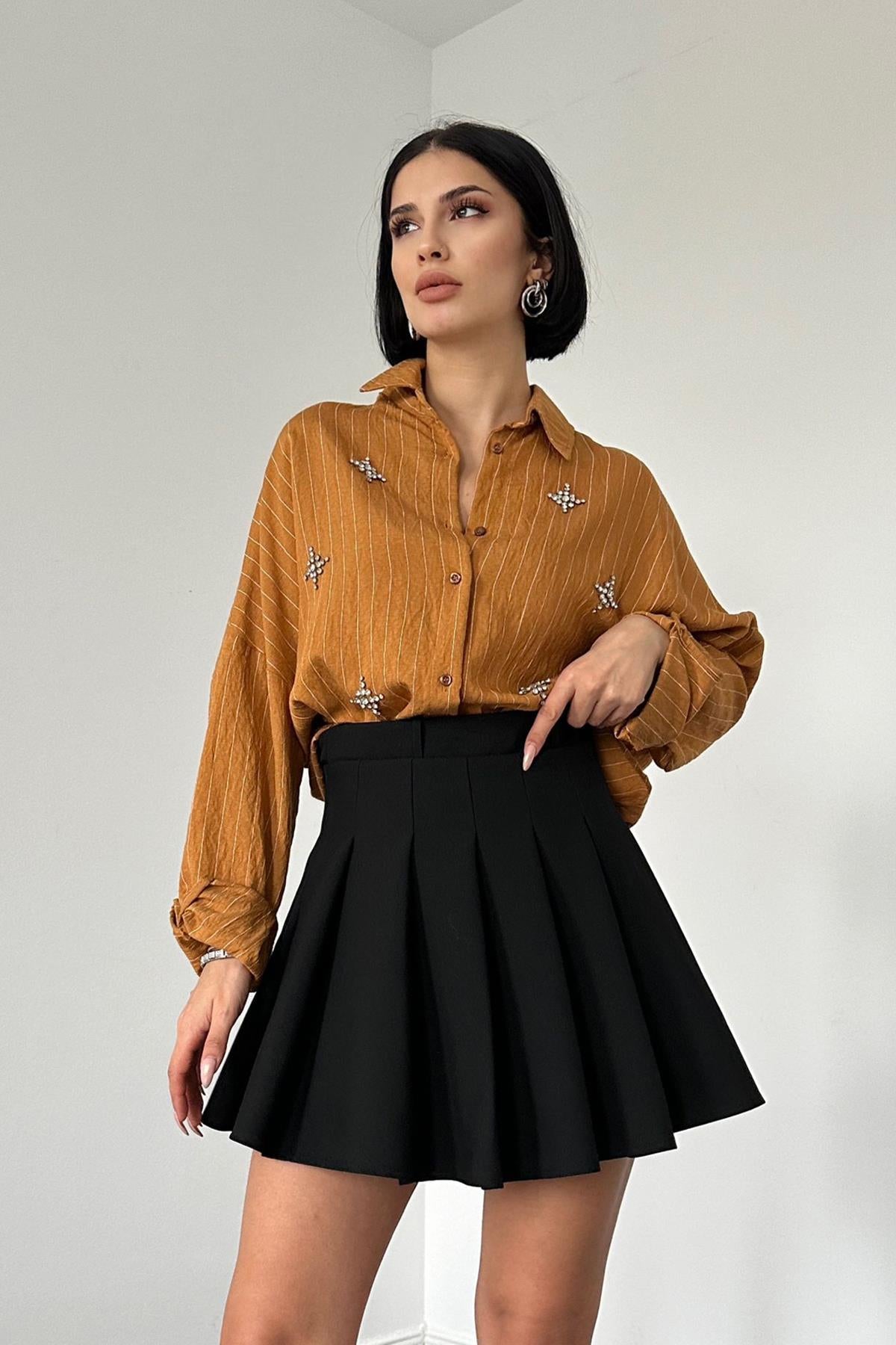Toptan Kahverengi Çizgili Kristal Taşlı Klasik Gömlek Kahve STD