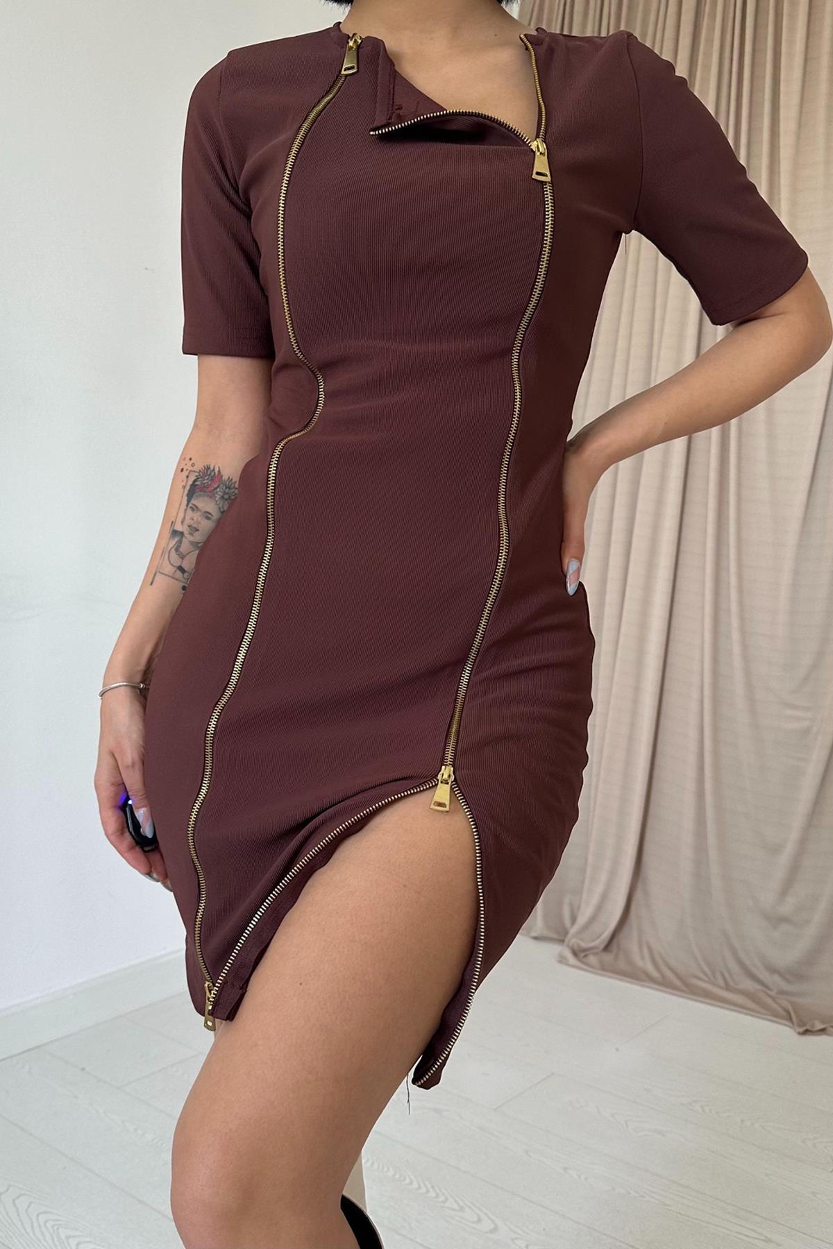 Toptan Kahverengi Fermuarlı Ottoman Elbise