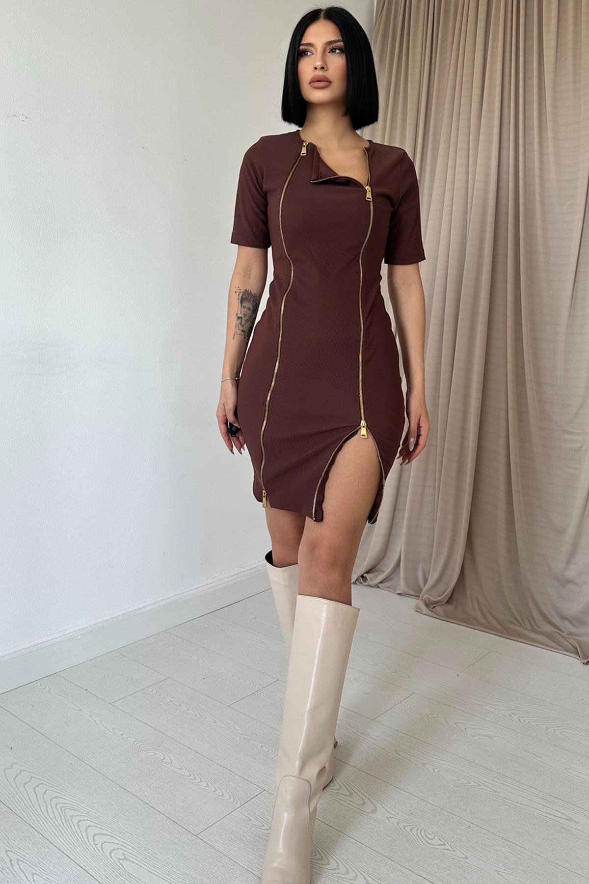 Toptan Kahverengi Fermuarlı Ottoman Elbise Kahve L