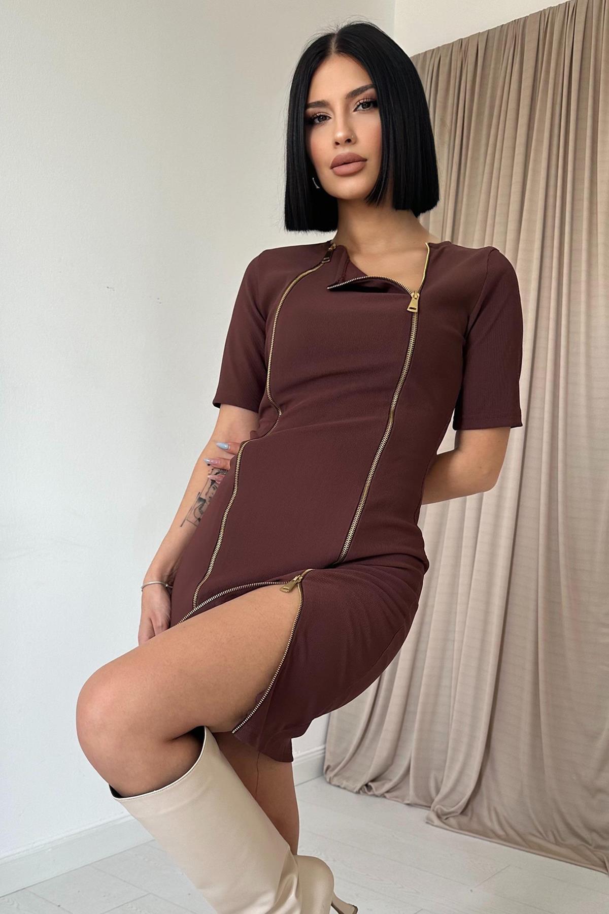Toptan Kahverengi Fermuarlı Ottoman Elbise