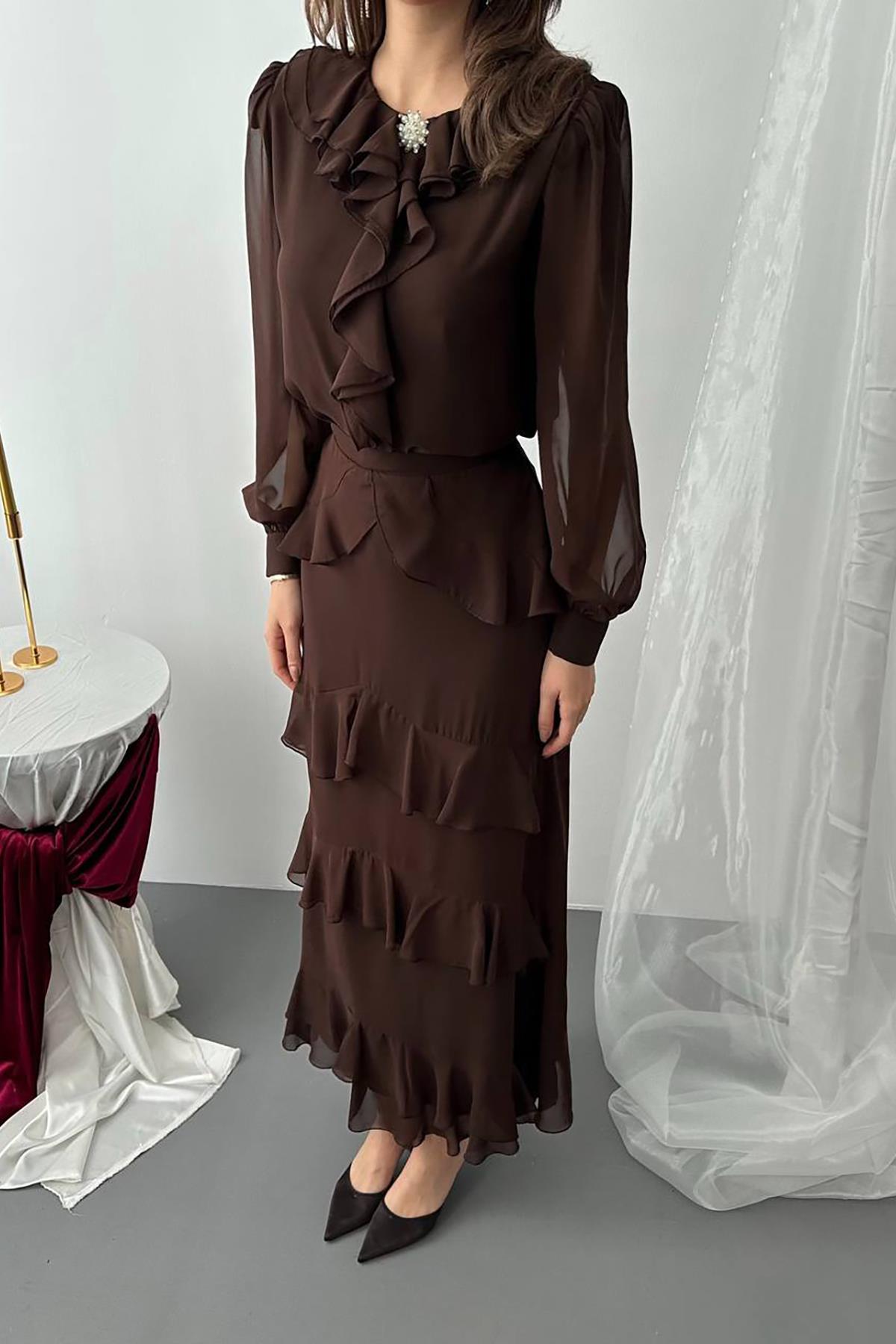 Toptan Kahverengi Fırfırlı Şifon Takım