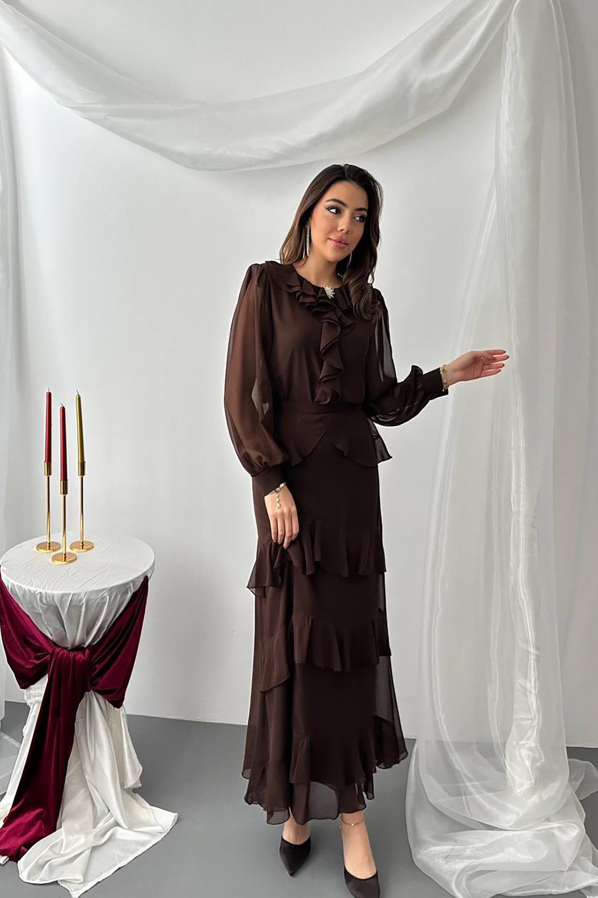 Toptan Kahverengi Fırfırlı Şifon Takım