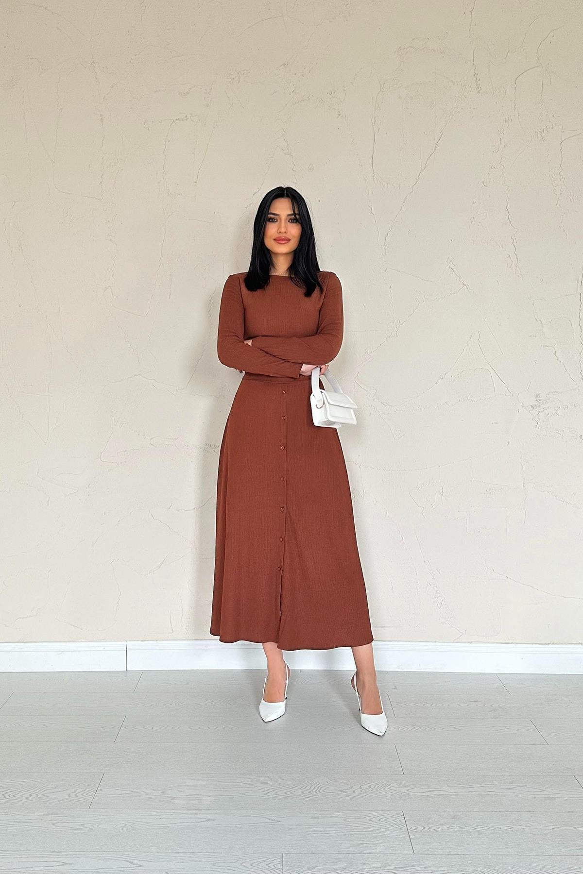 Toptan Kahverengi Fitilli Bluz & Etek Takım