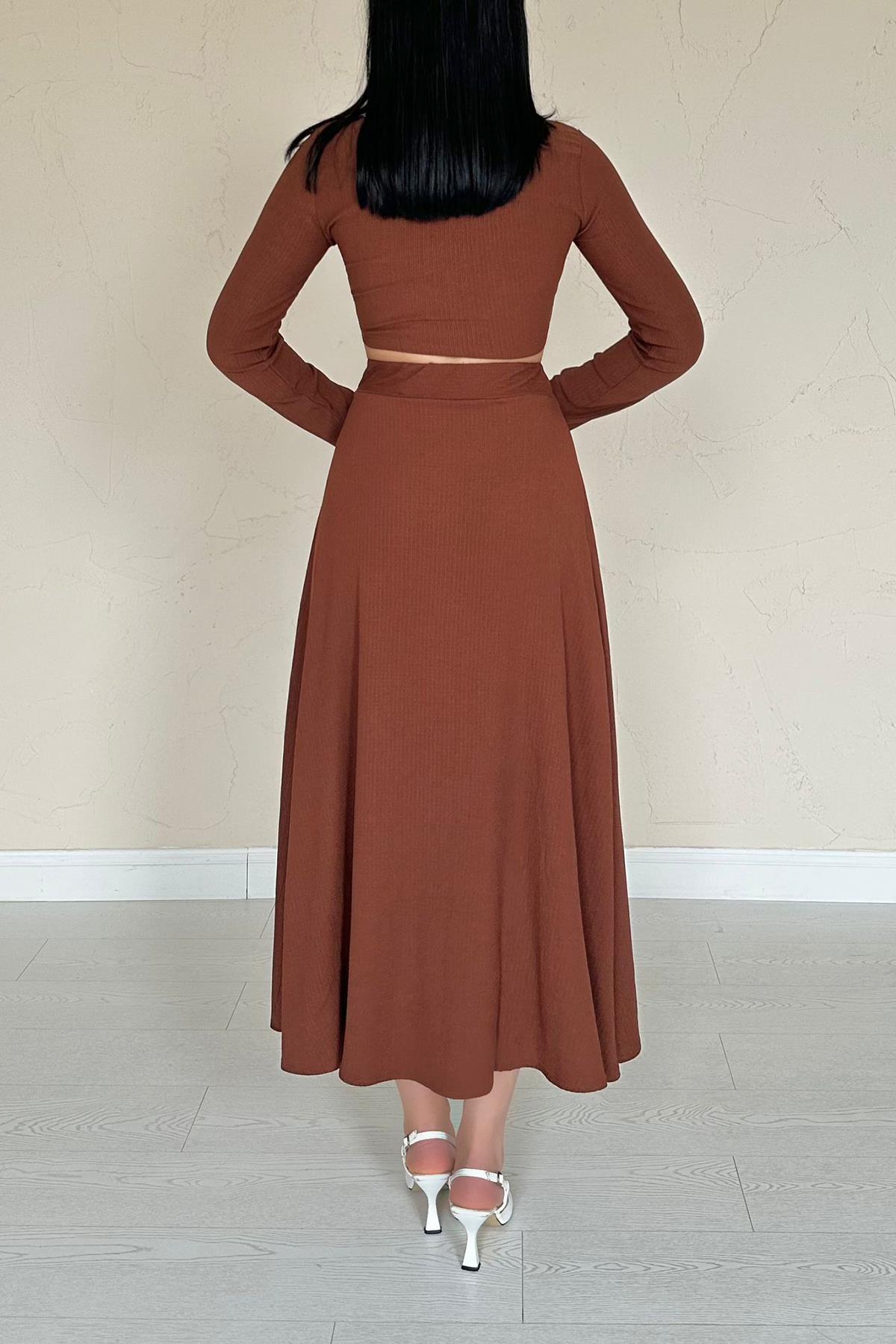 Toptan Kahverengi Fitilli Bluz & Etek Takım