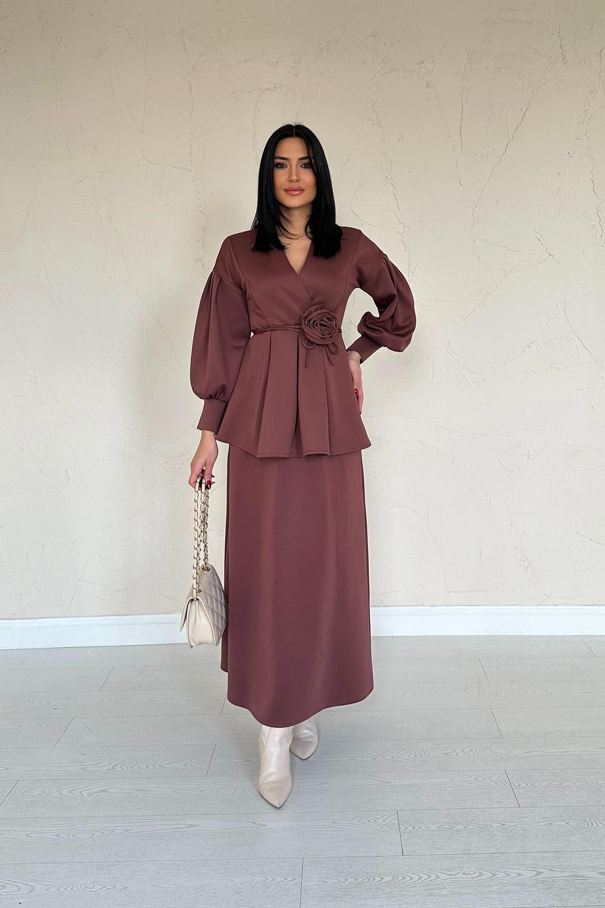 Toptan Kahverengi Gül Detaylı Takım Kahverengi L