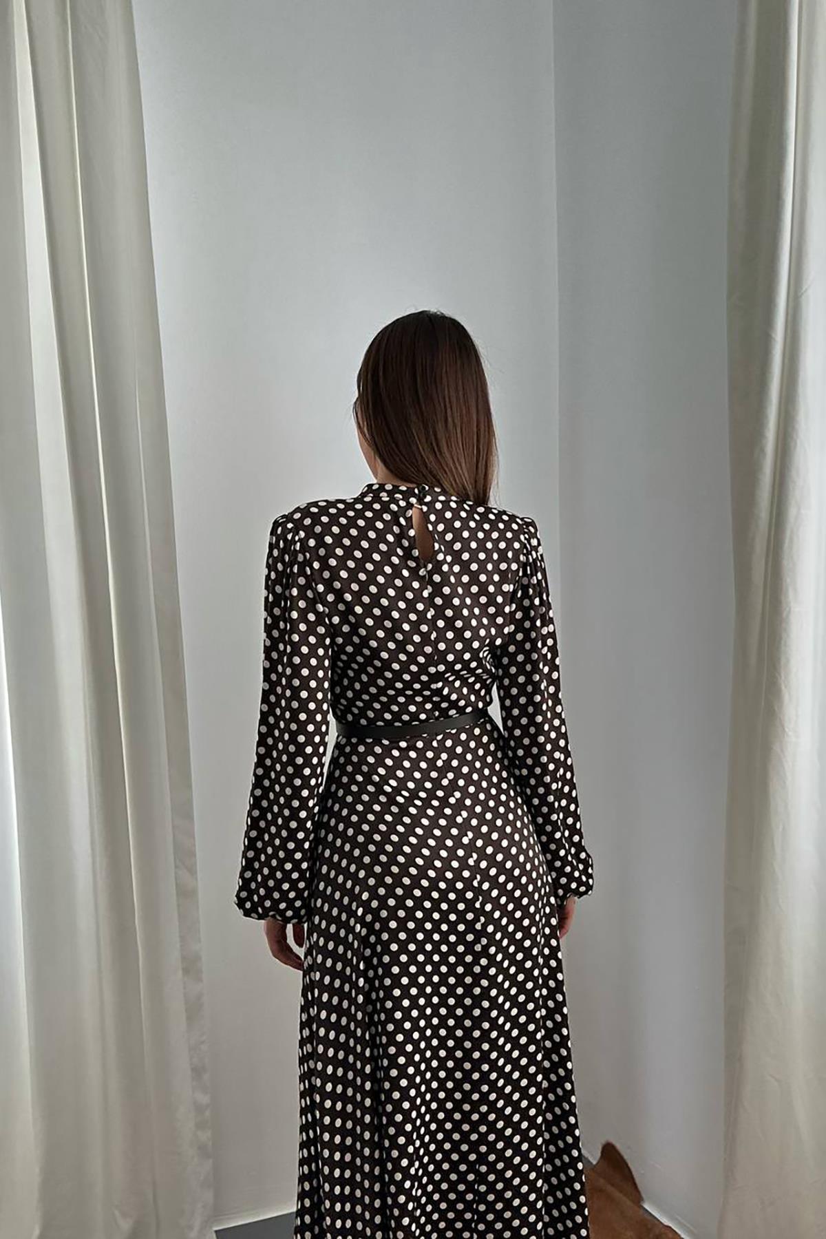 Toptan Kahverengi Kemer Detaylı Puantiyeli Elbise