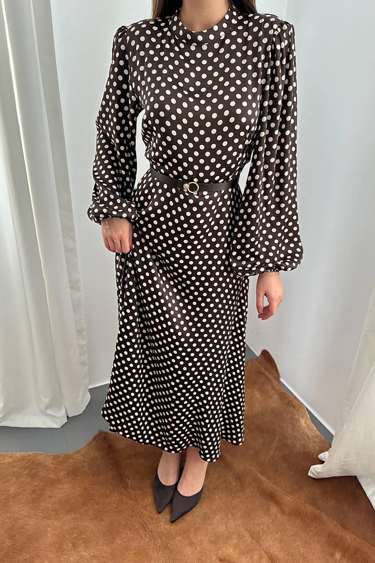 Toptan Kahverengi Kemer Detaylı Puantiyeli Elbise