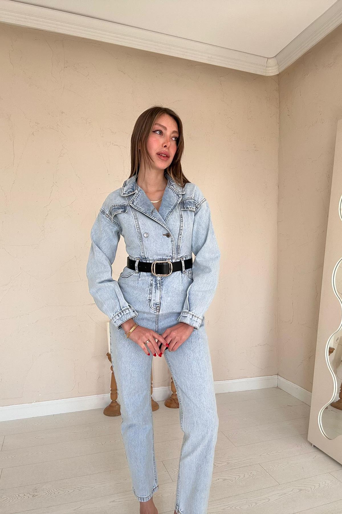 Toptan Kar Yıkama Blue Denim Tulum