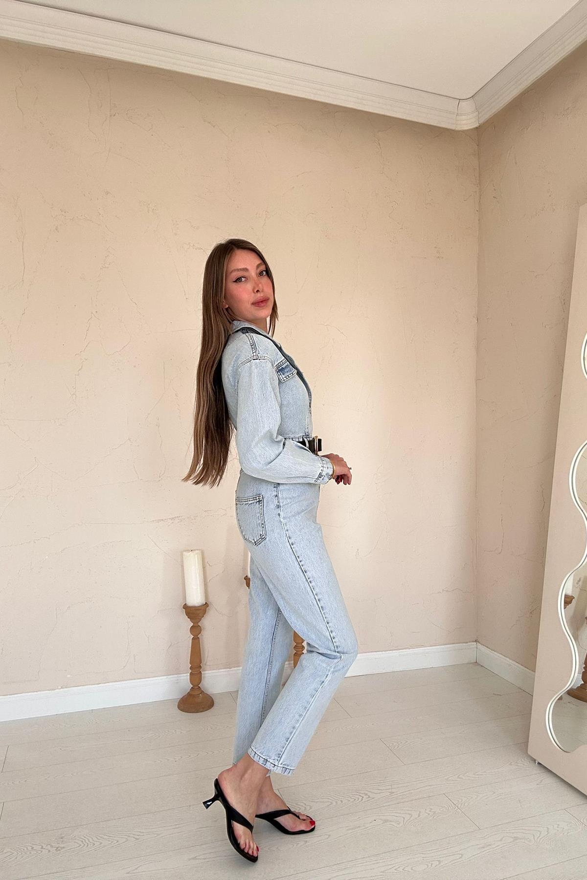 Toptan Kar Yıkama Blue Denim Tulum