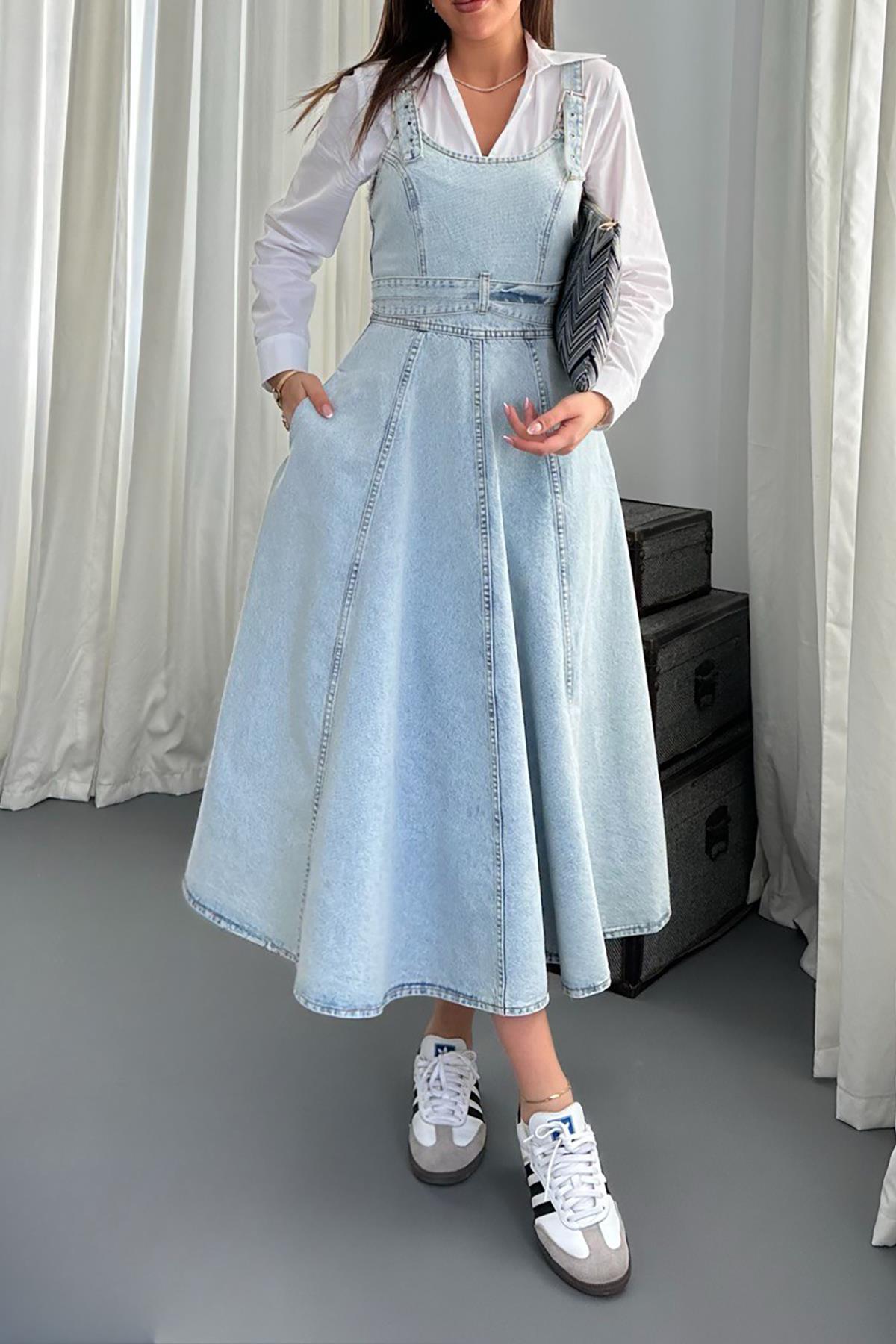 Toptan Kar Yıkama Midi Boy Bantlı Kot Elbise