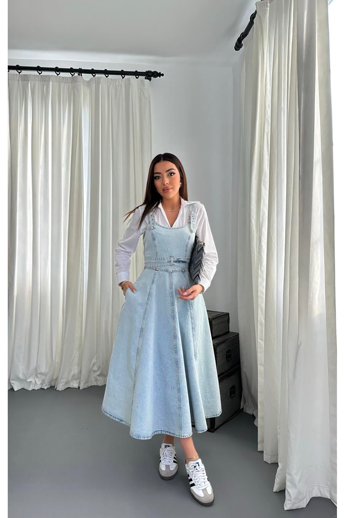 Toptan Kar Yıkama Midi Boy Bantlı Kot Elbise Kar Yıkama L