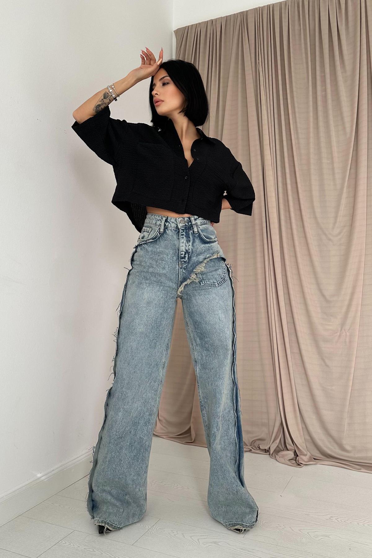 Toptan Kar Yıkama Yan Yırtmaçlı Jeans Pantolon Kar Yıkama L