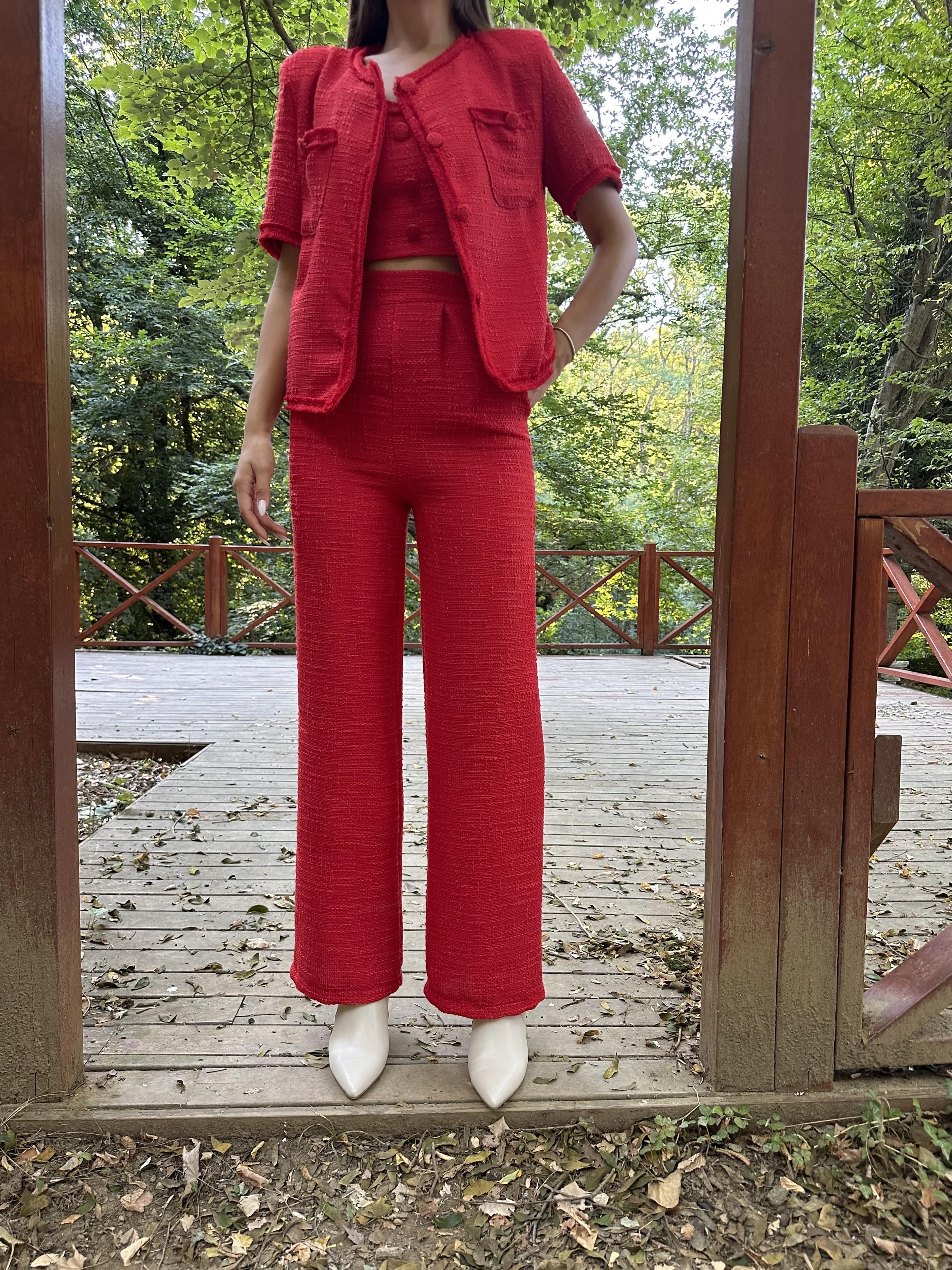 Toptan Kırmızı Askılı Büstiyer Ceket Ve Pantolon Takım