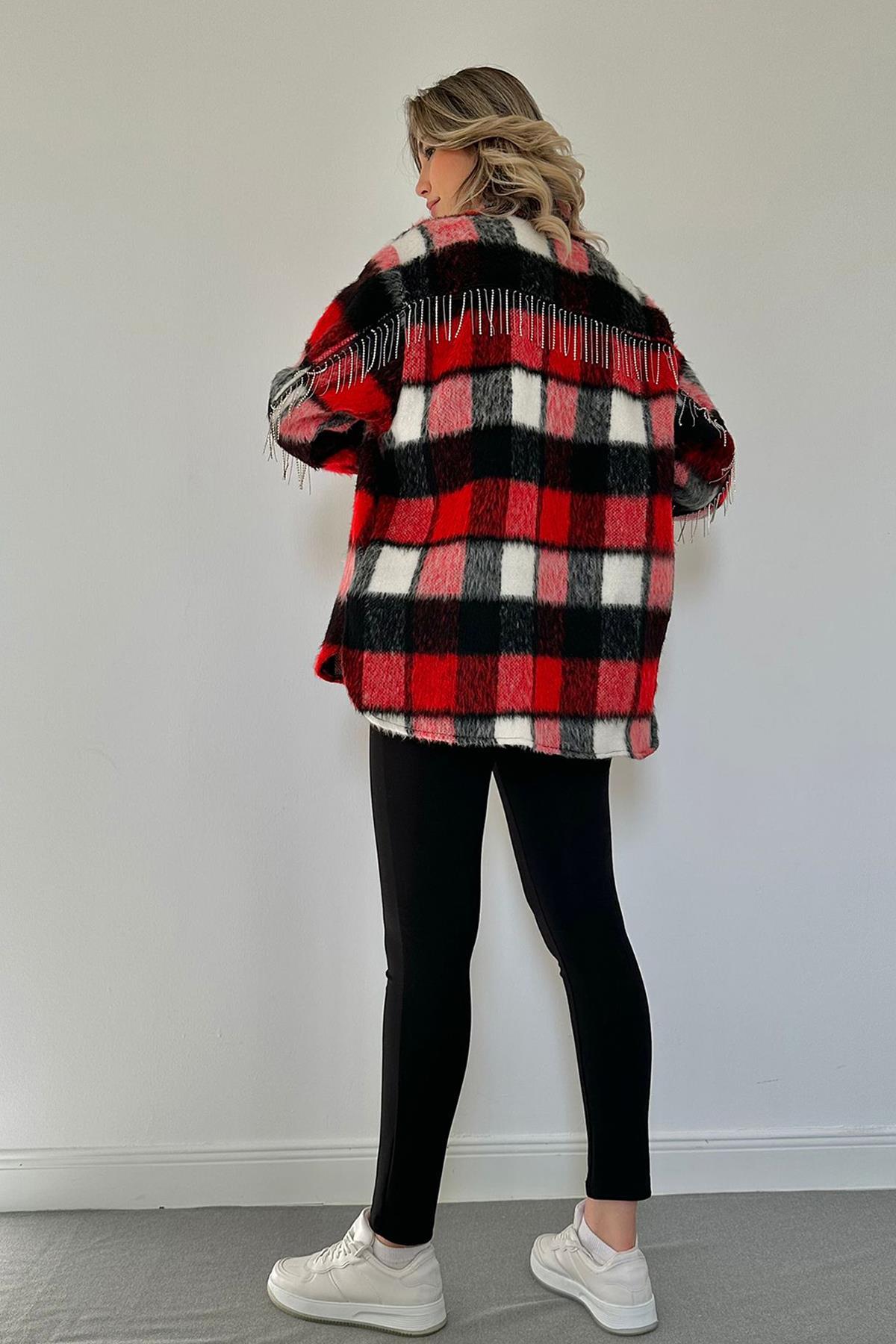 Toptan Kırmızı Buklet Cepli Zincir Taşlı Gömlek