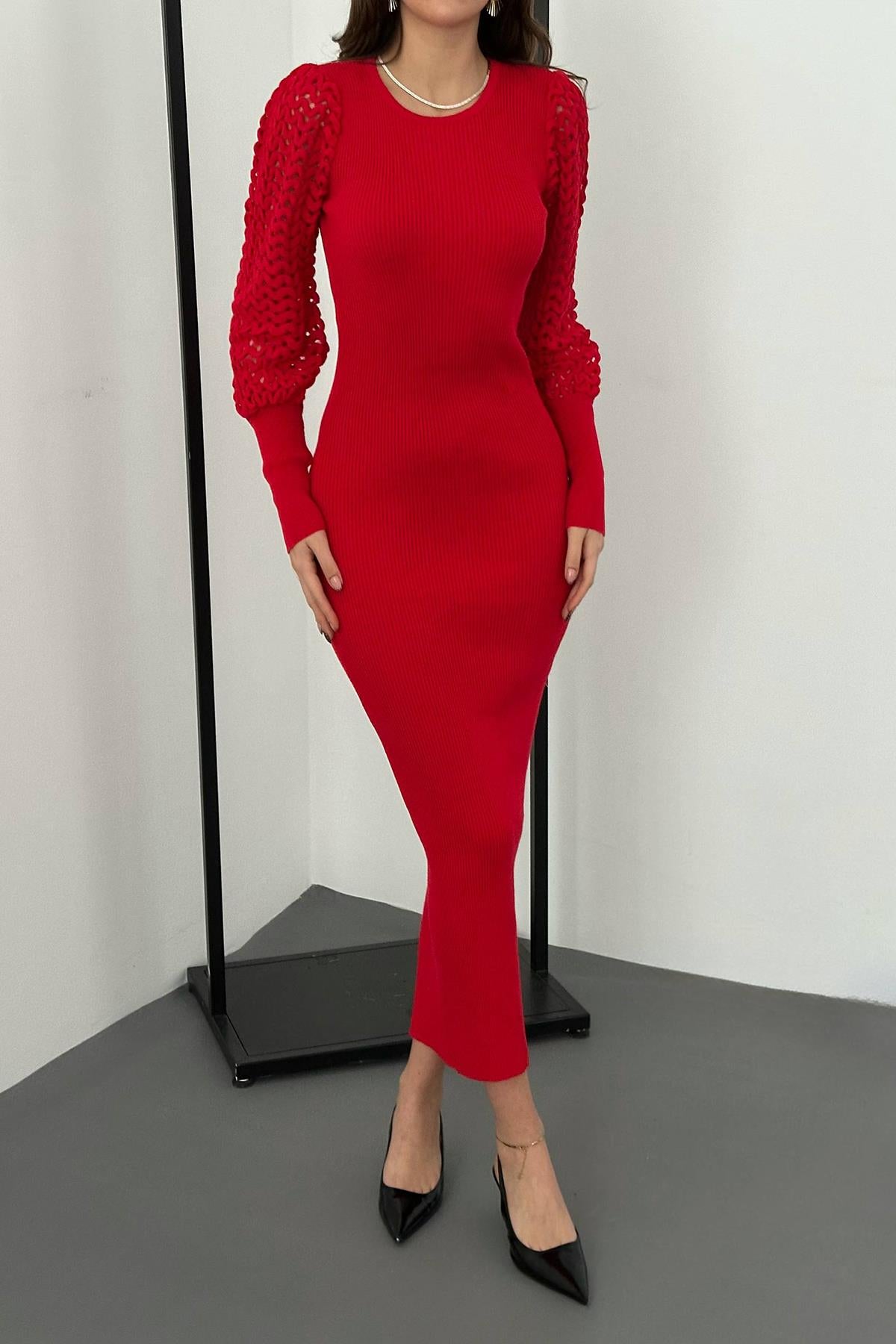 Toptan Kırmızı Kolları Örgülü Triko Elbise