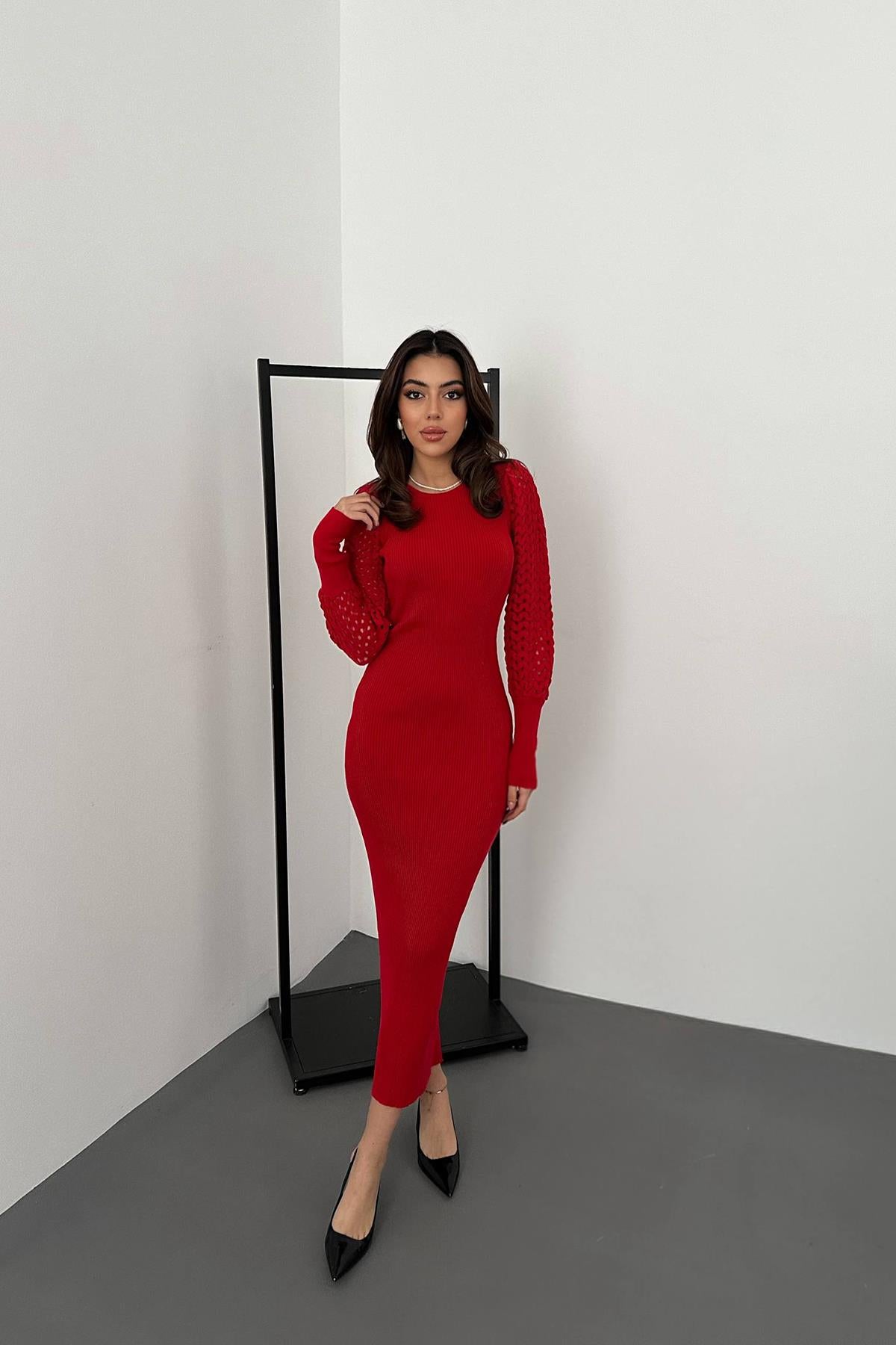Toptan Kırmızı Kolları Örgülü Triko Elbise Kırmızı STD