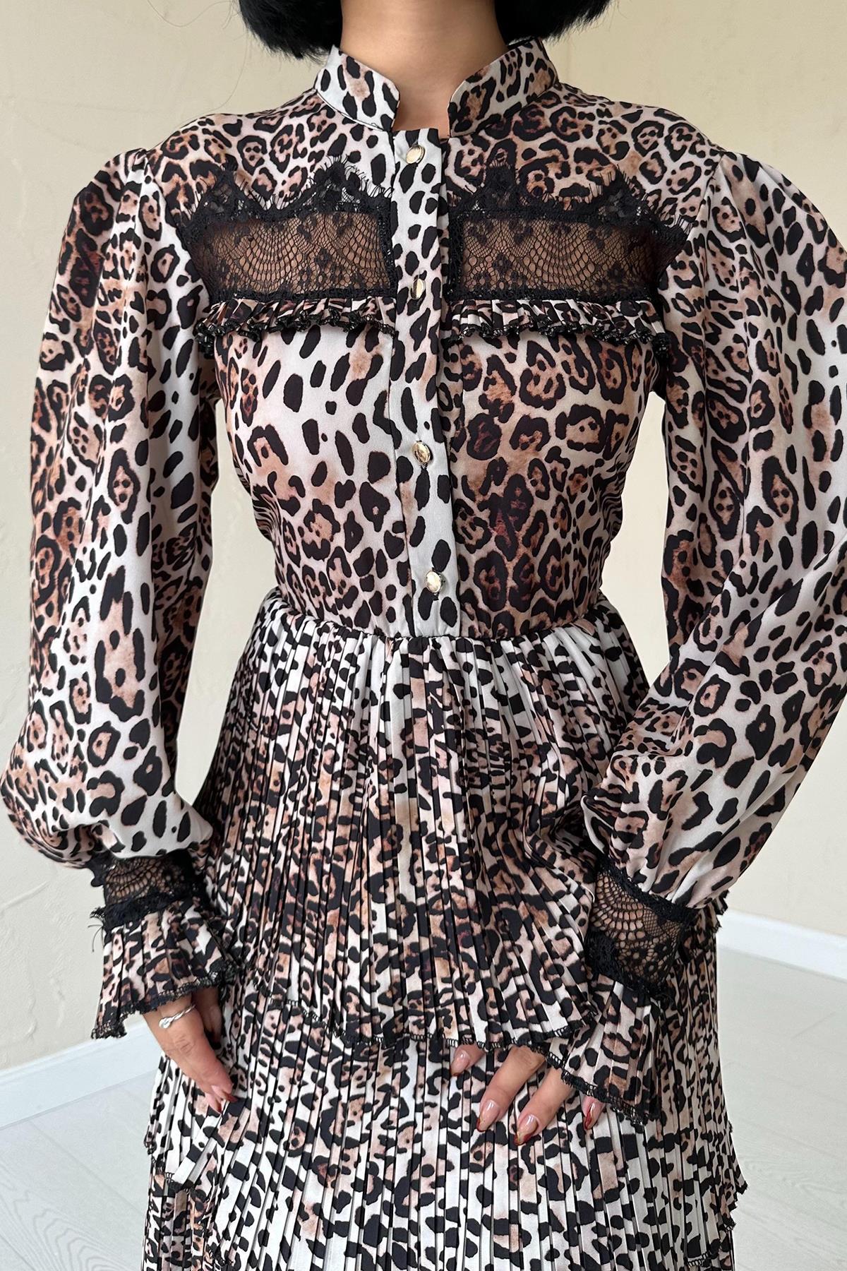 Toptan Leopar Pilise Detaylı Lastikli Elbise