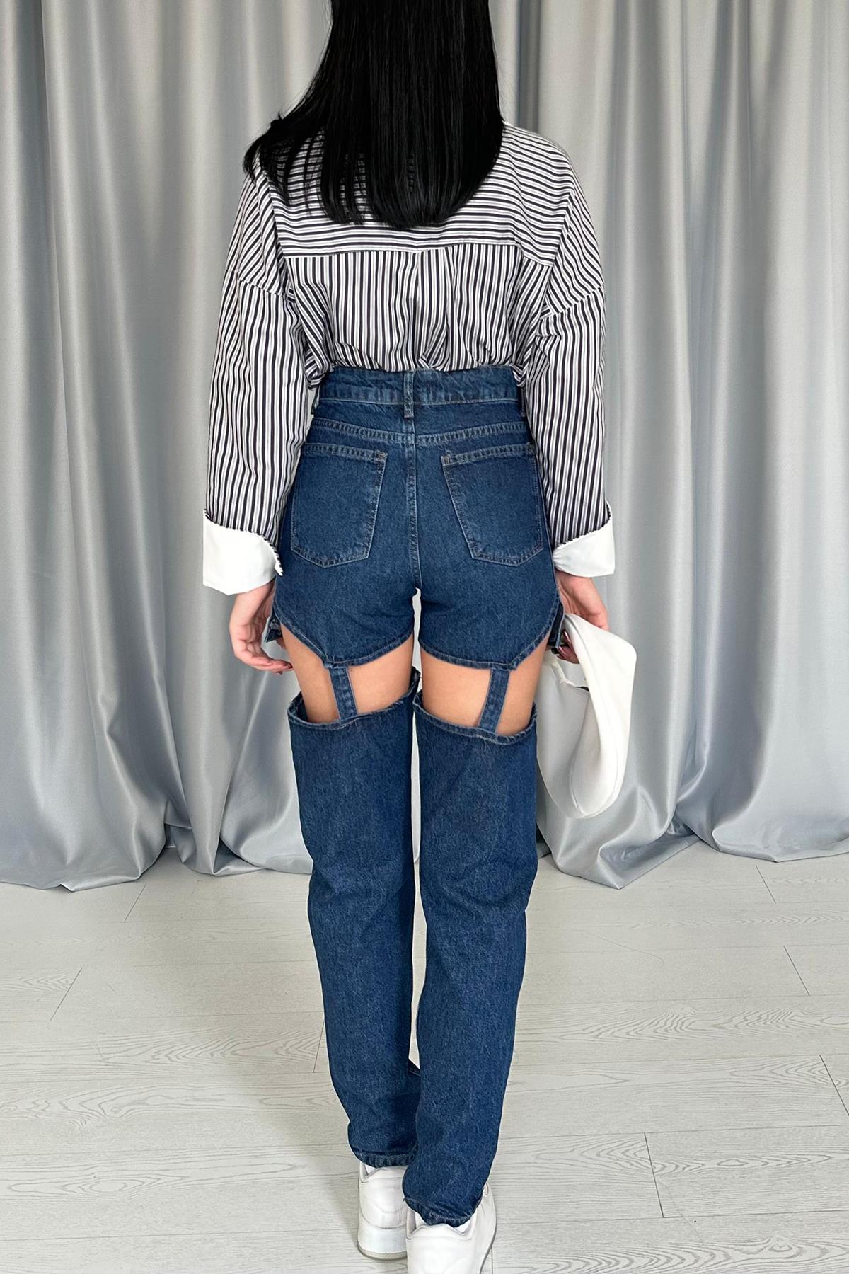 Toptan Mavi Askılı İki Parça Jeans Pantolon