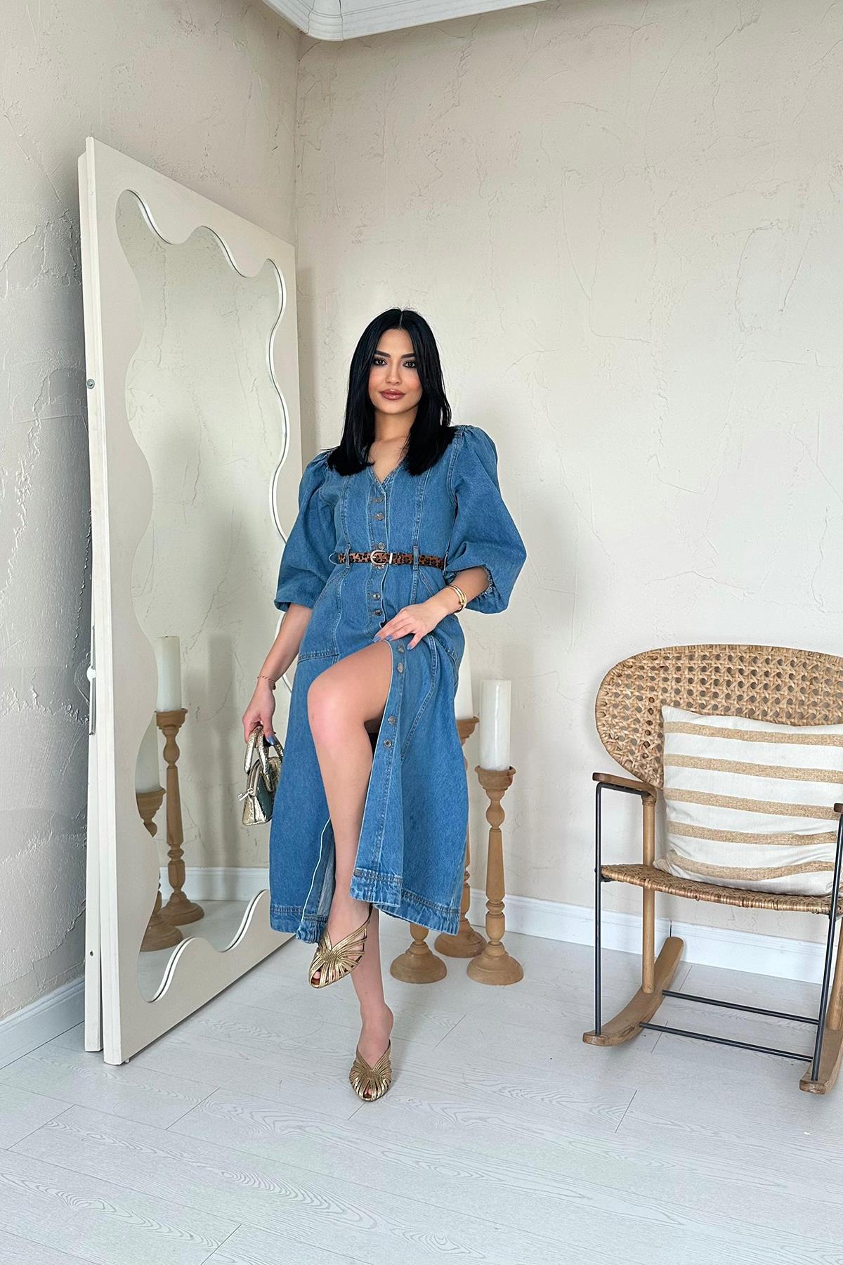 Toptan Mavi Balon Kol Kot Elbise