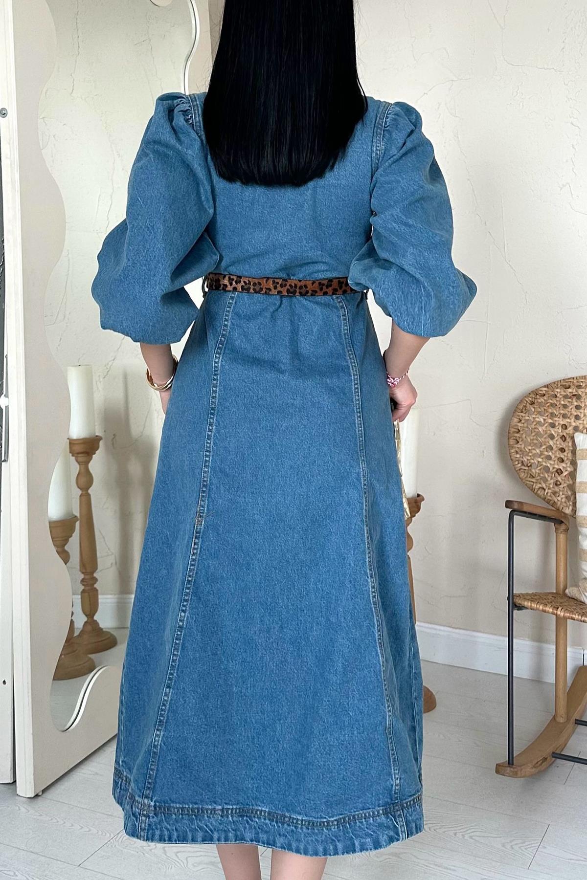 Toptan Mavi Balon Kol Kot Elbise