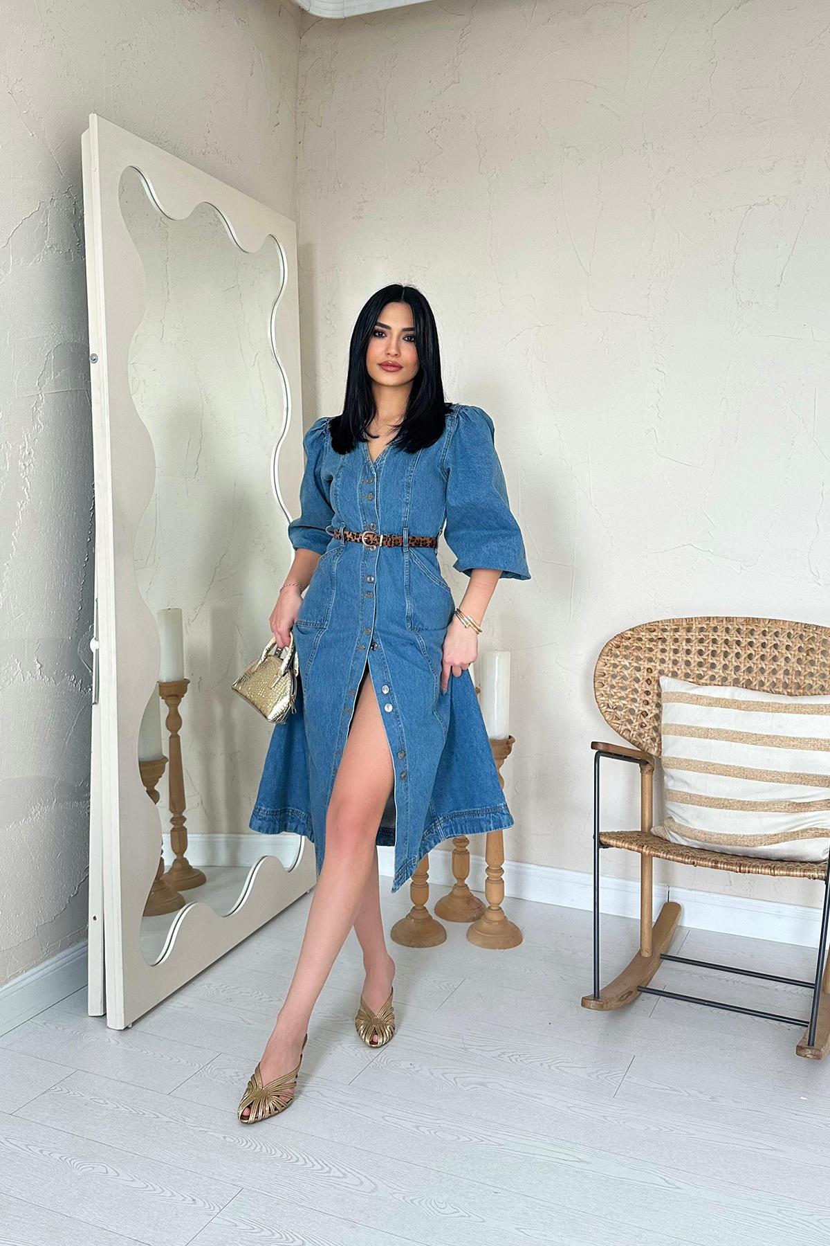 Toptan Mavi Balon Kol Kot Elbise