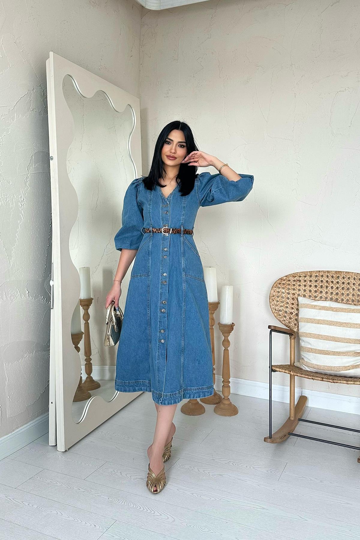 Toptan Mavi Balon Kol Kot Elbise Mavi L