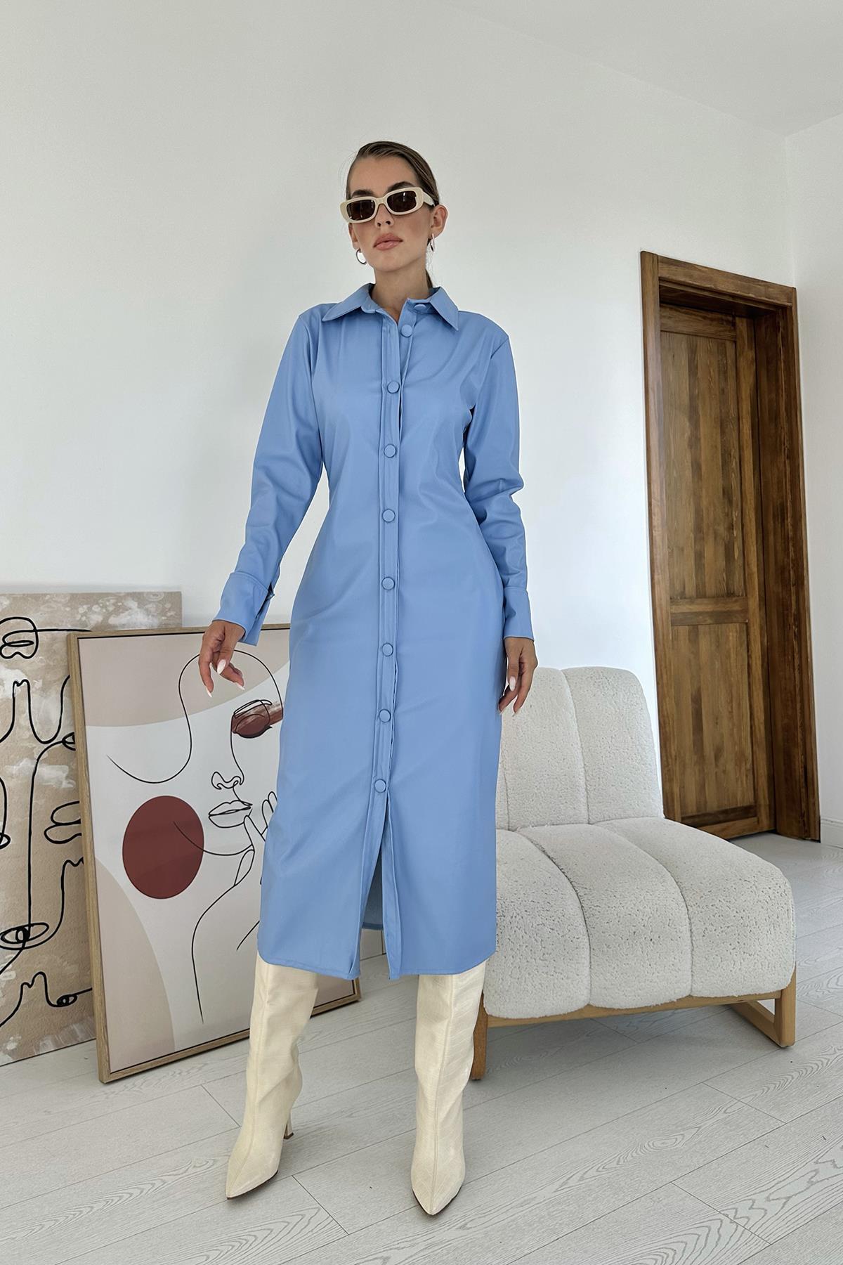 Toptan Mavi Boydan Düğmeli Deri Elbise Mavi L