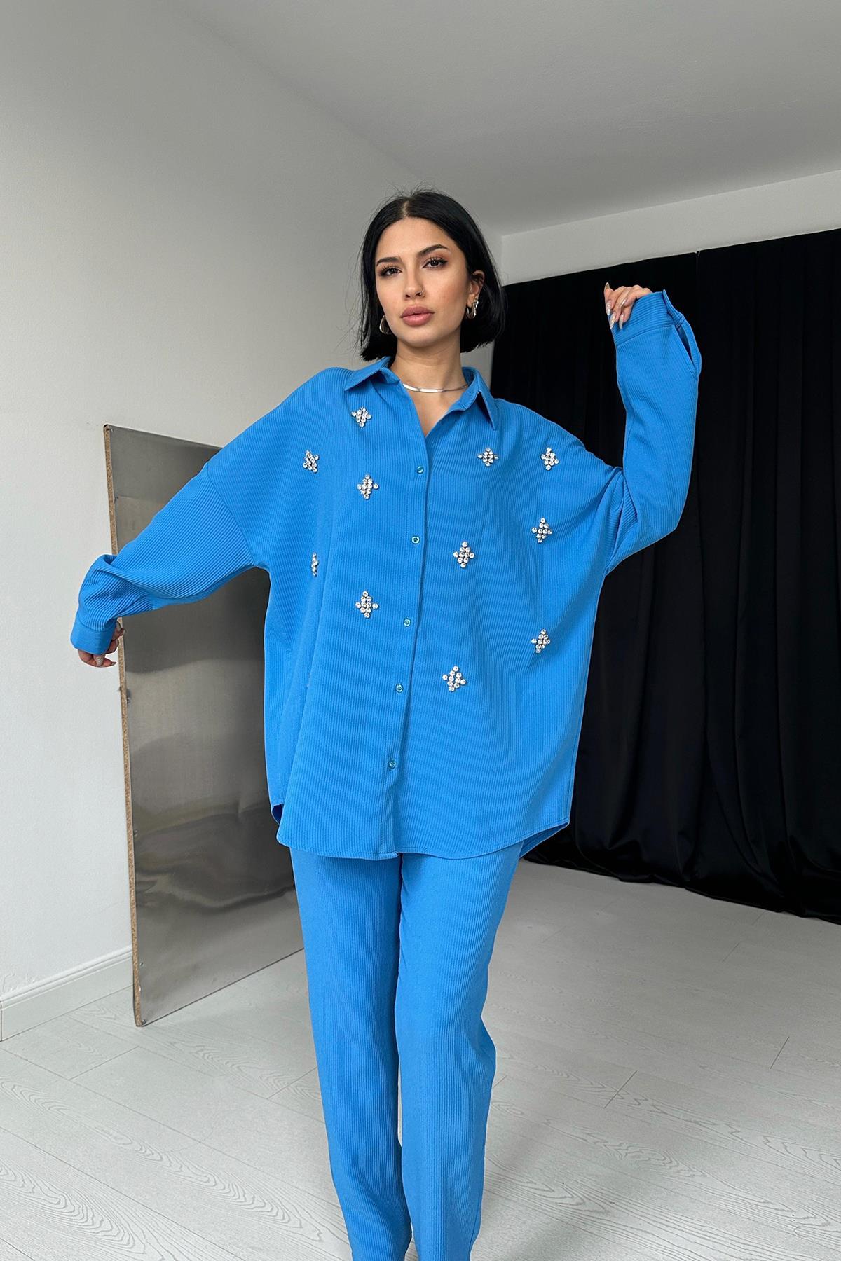 Toptan Mavi Gömleği Taşlı Fitilli Takım