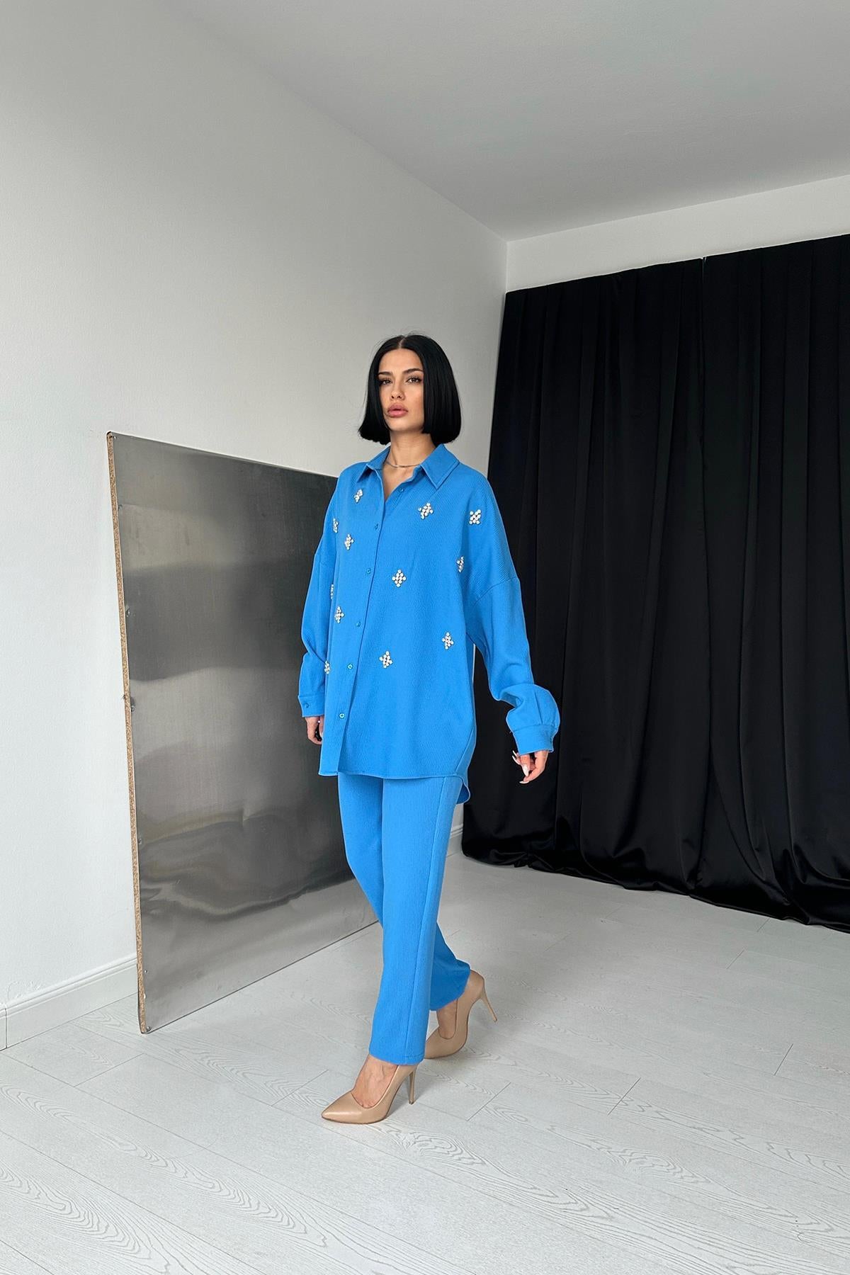 Toptan Mavi Gömleği Taşlı Fitilli Takım
