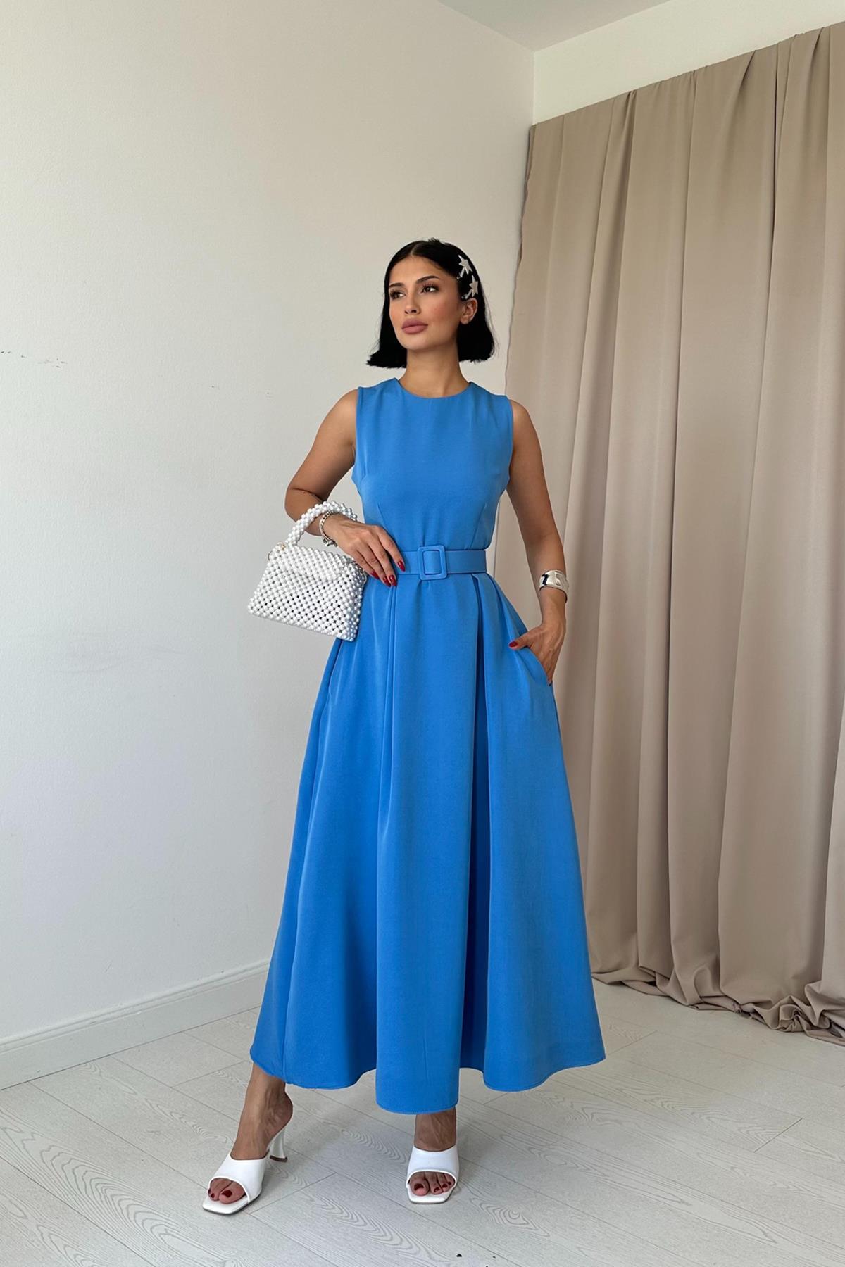 Toptan Mavi Halter Yaka Kloş Elbise Mavi L